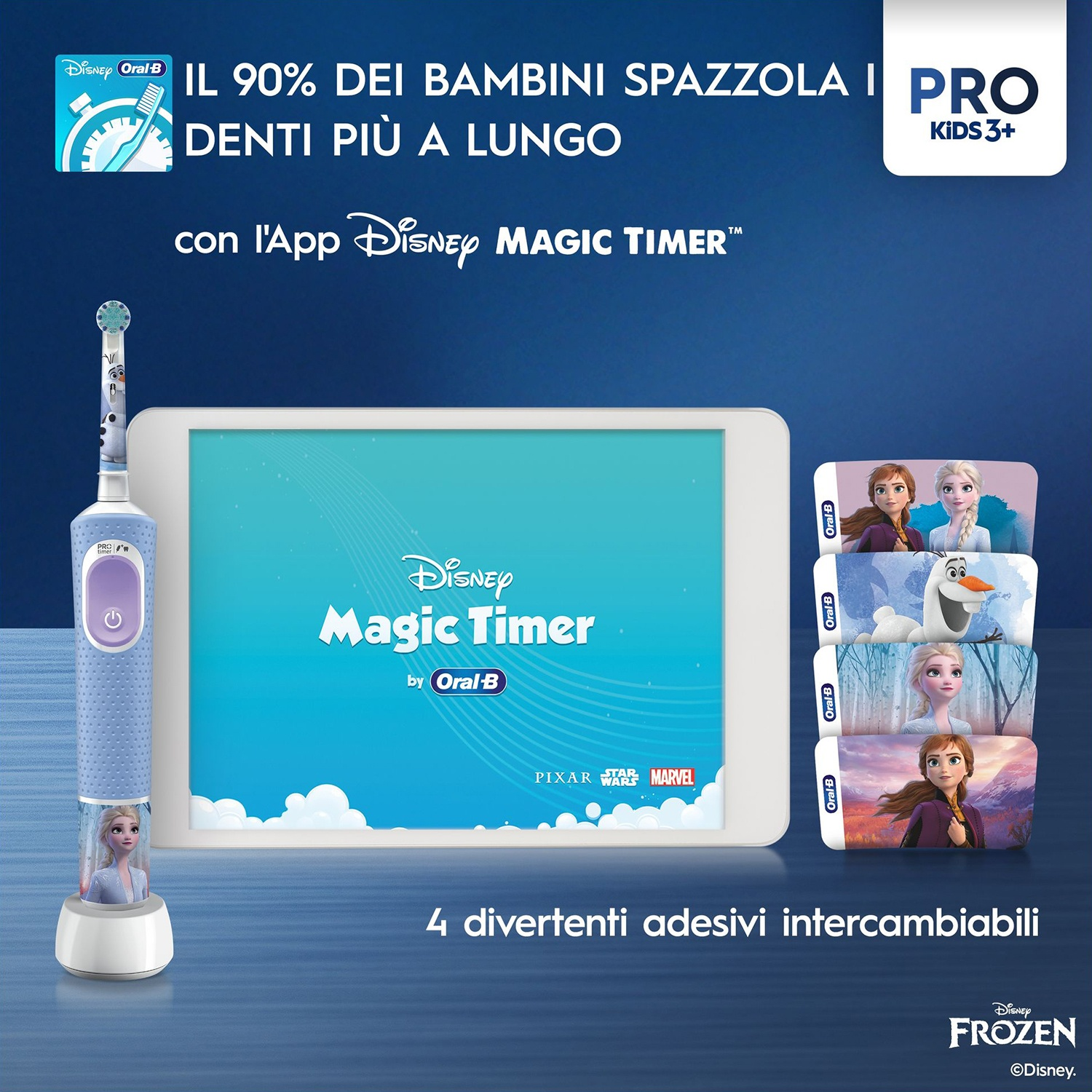 Spazzolino blu e caricatore, con display app e adesivi intercambiabili, sfondo bianco.