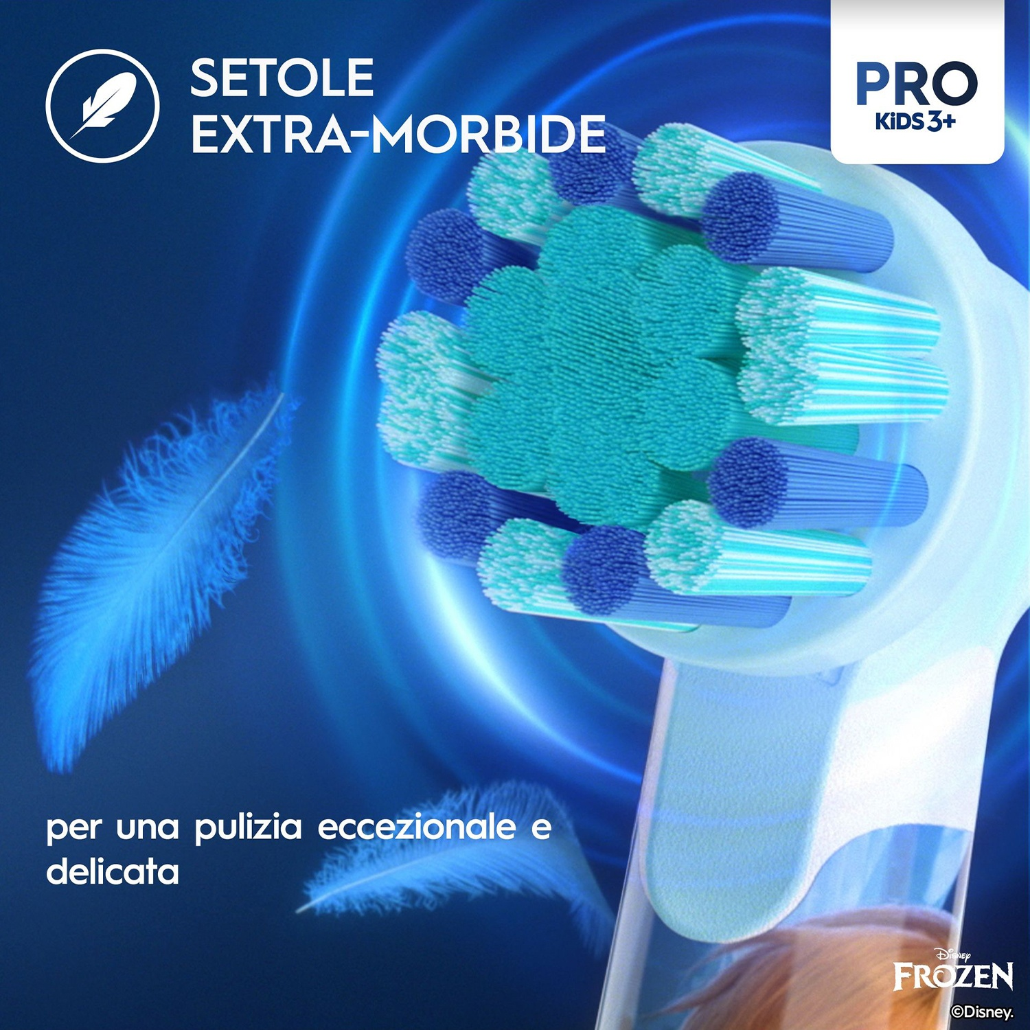 Testina dello spazzolino con setole blu e verdi, testo sulla pulizia.