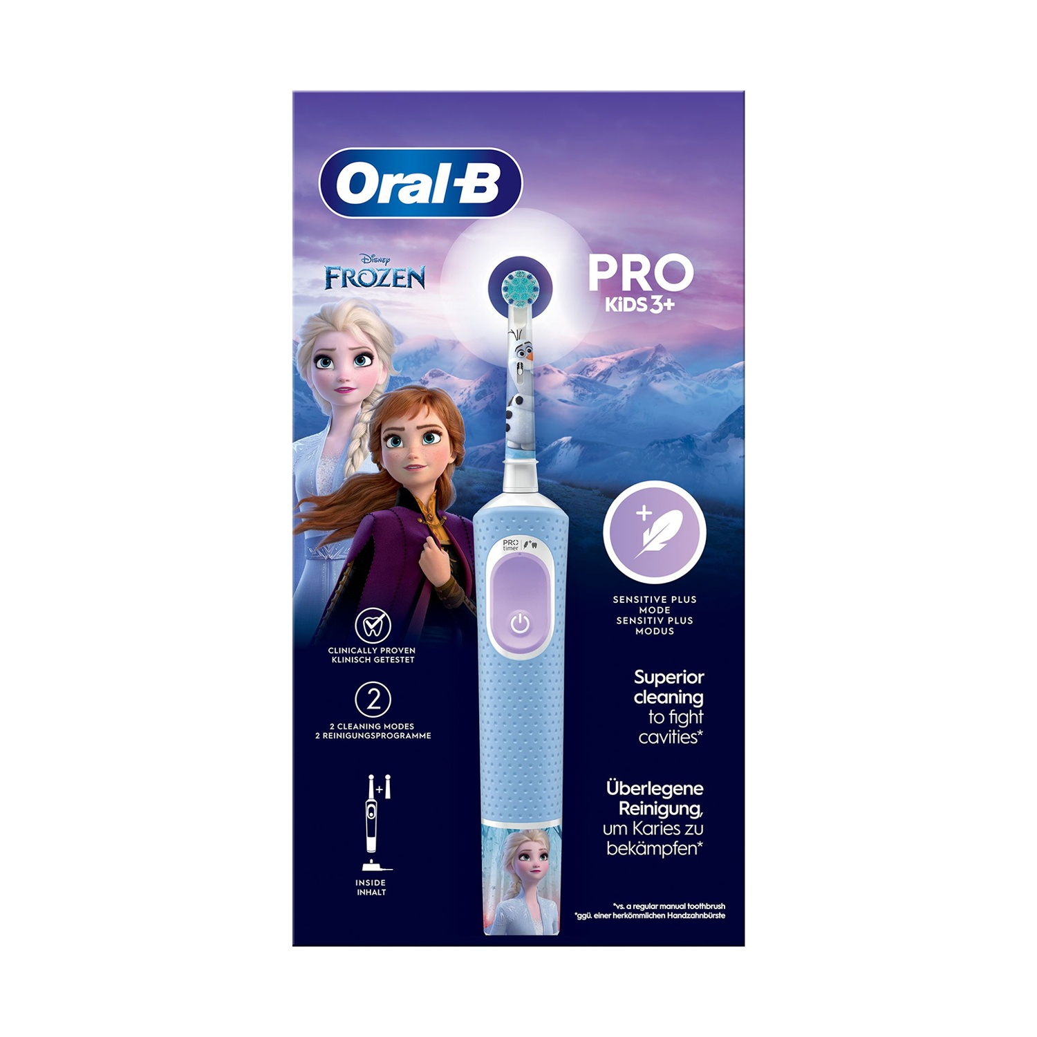 Spazzolino blu Oral-B Pro Kids 3+, design Frozen, e scatola.