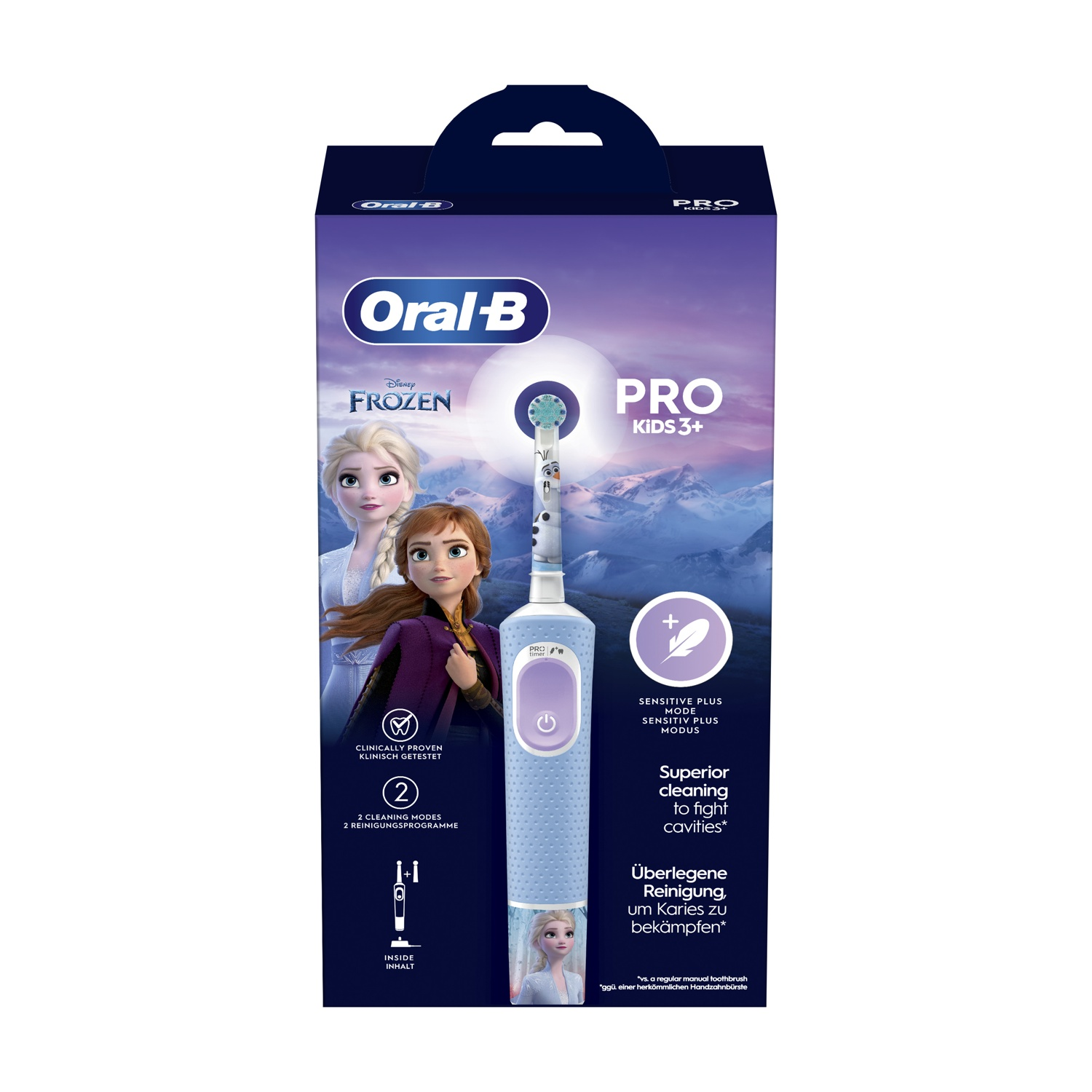 Scatola spazzolino Oral-B Pro Kids 3+ con Elsa e Anna di Frozen, spazzolino davanti.
