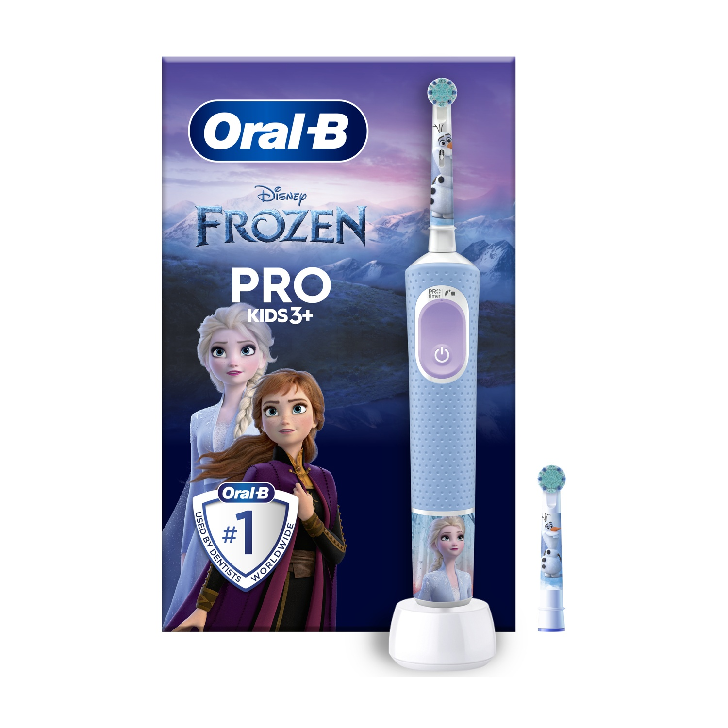 Uno spazzolino elettrico Oral-B Disney Frozen con Elsa e Anna. La scatola mostra lo spazzolino e i personaggi.