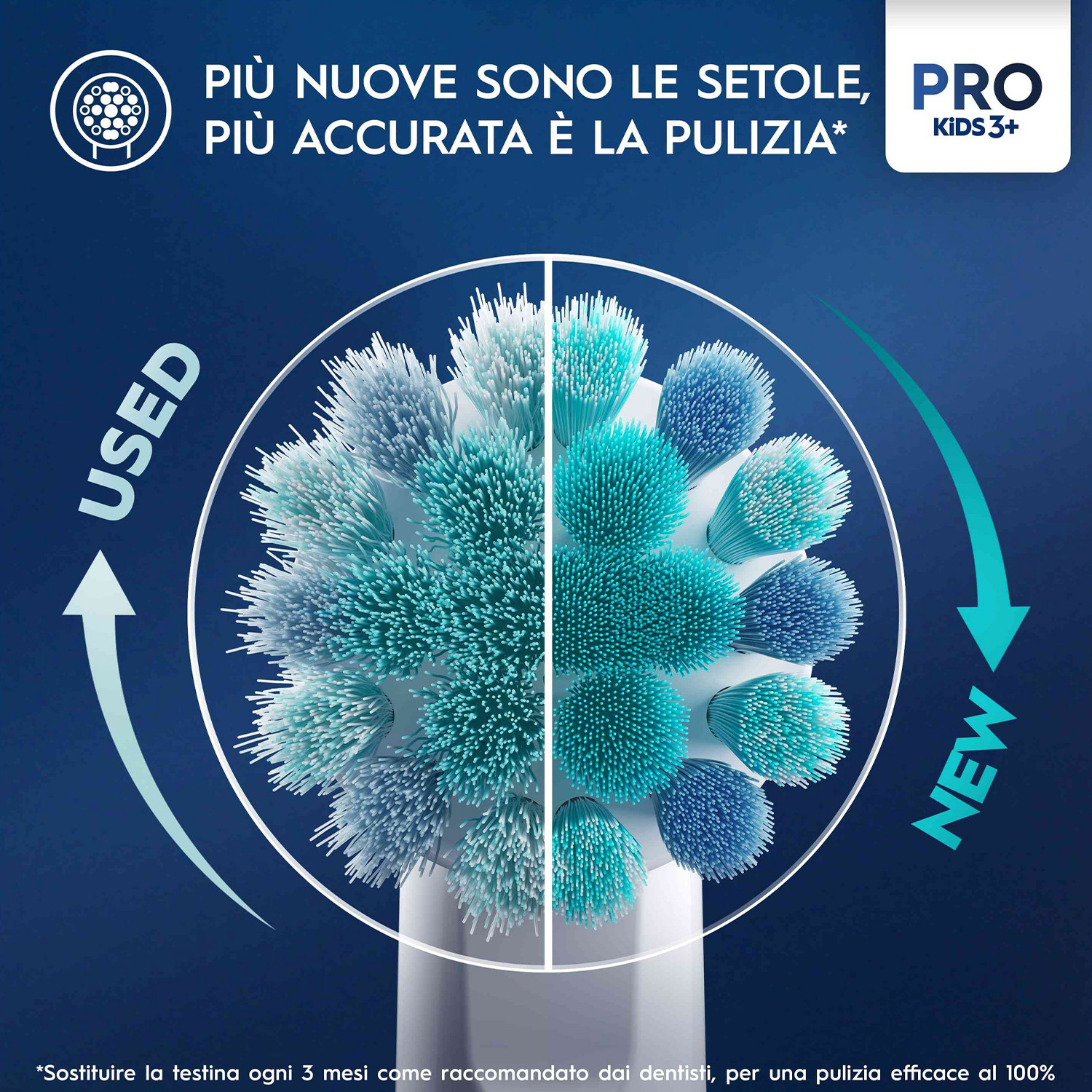 Una testina, che mostra setole nuove e usate. Le frecce puntano a 'Usato' e 'Nuovo'.