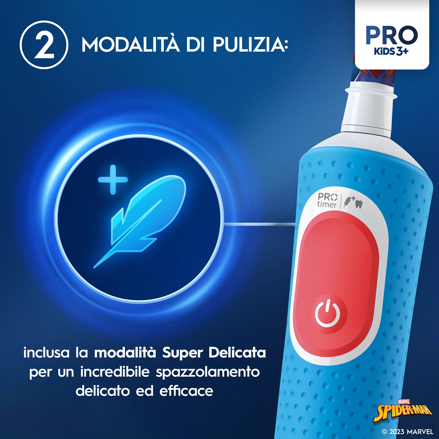 Spazzolino elettrico blu con icona a piuma, parole 'Super Delicate mode' e marchio 'Spider-Man'.