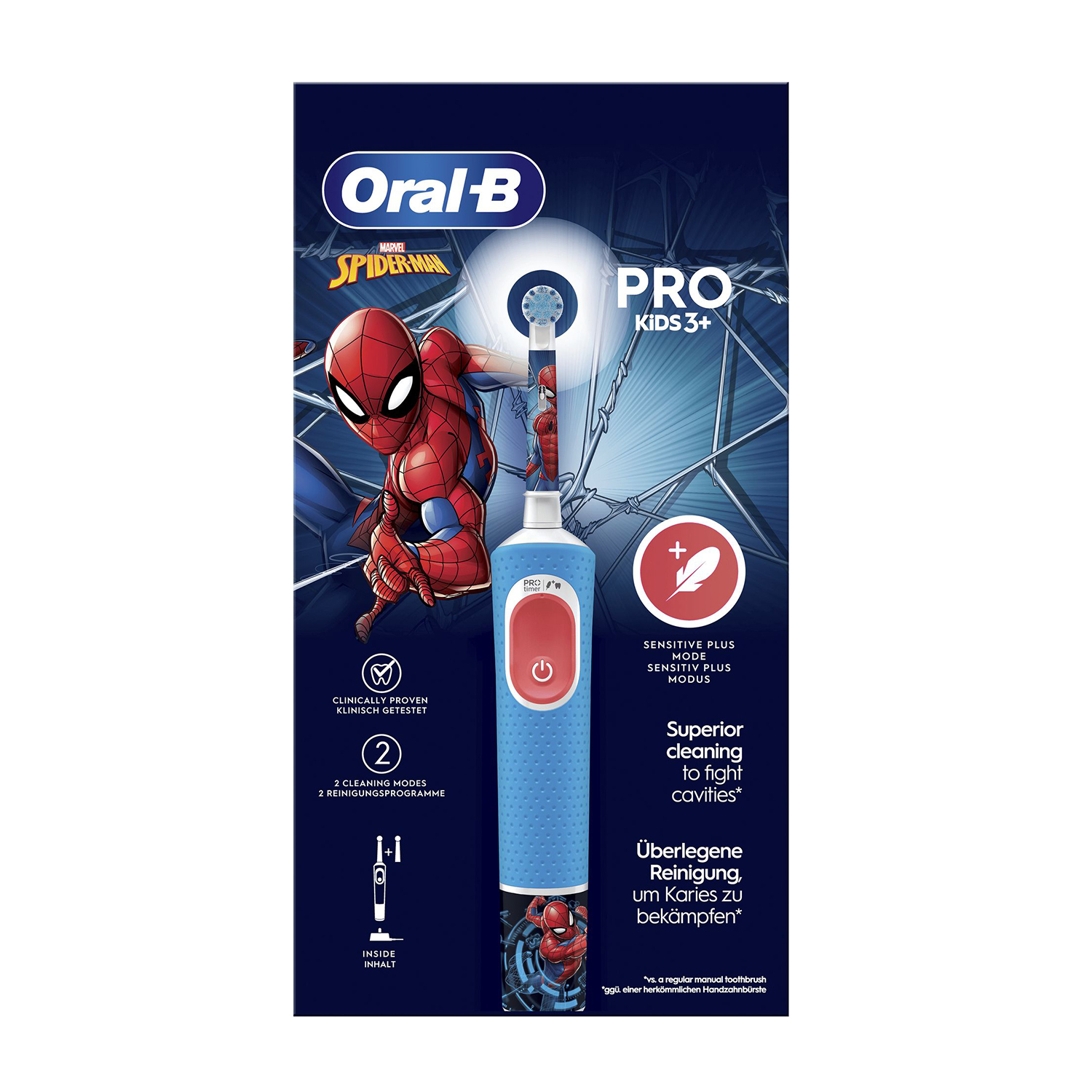 Uno spazzolino Oral-B Spider-Man, blu con pulsante rosso e immagine di Spider-Man. Due modalità.
