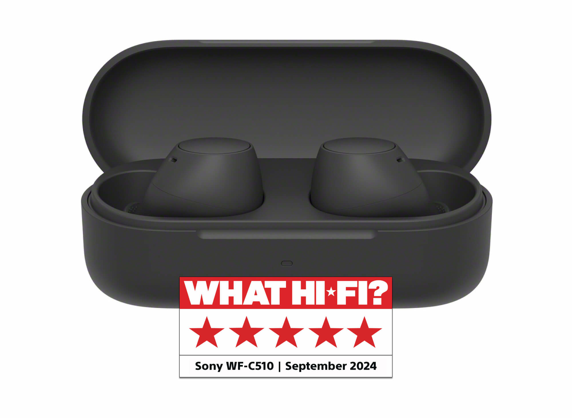 Czarne etui na słuchawki, otwarte. Dwie czarne słuchawki w środku. Recenzja What Hi-Fi? z 5 gwiazdkami.