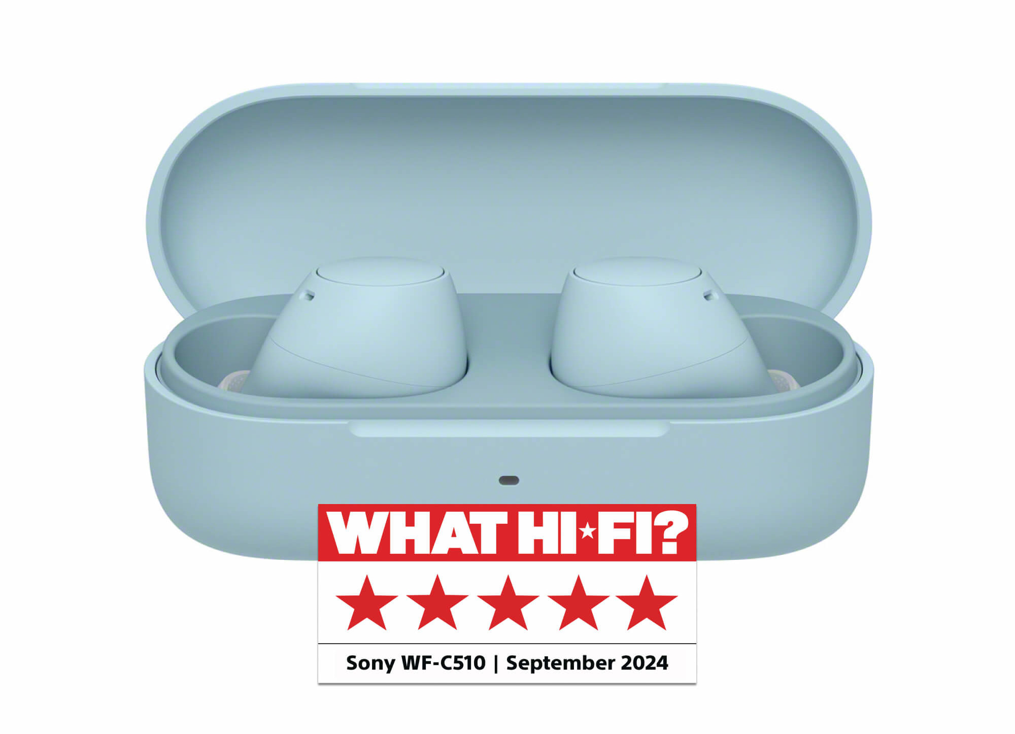 Jasnoniebieskie etui z dwoma jasnoniebieskimi słuchawkami.