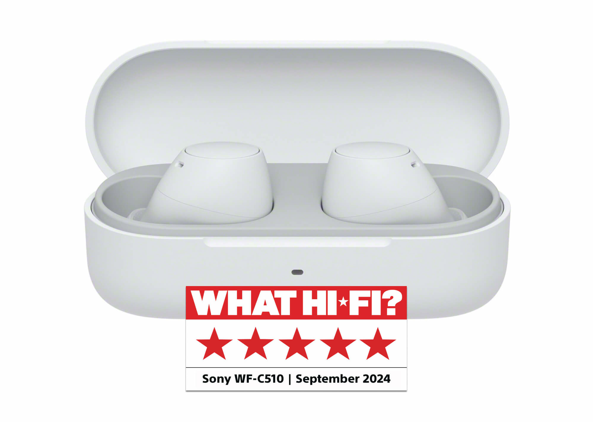 Białe słuchawki douszne w białym etui ładującym z recenzją.