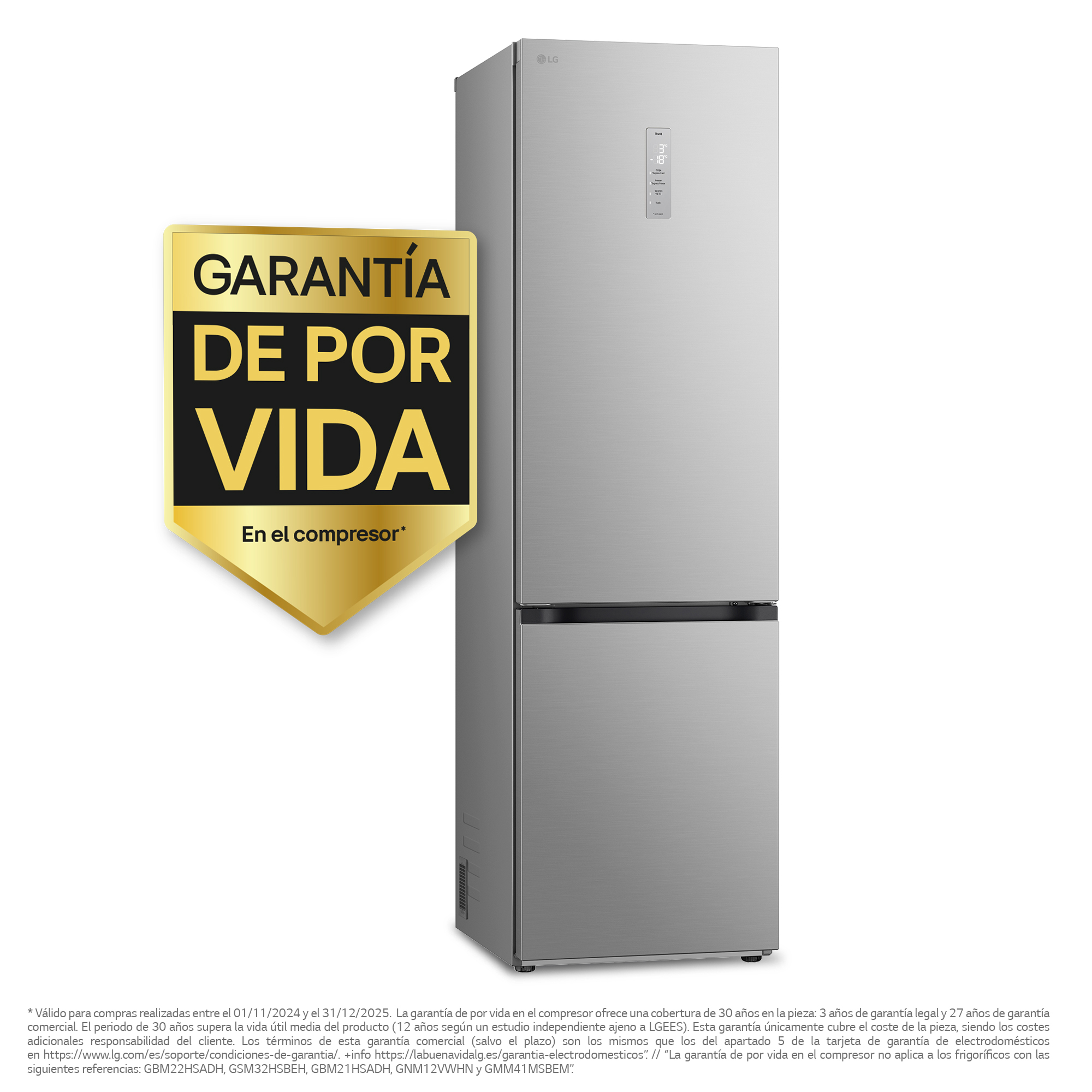 Un frigorífico LG plateado con una pegatina de garantía.