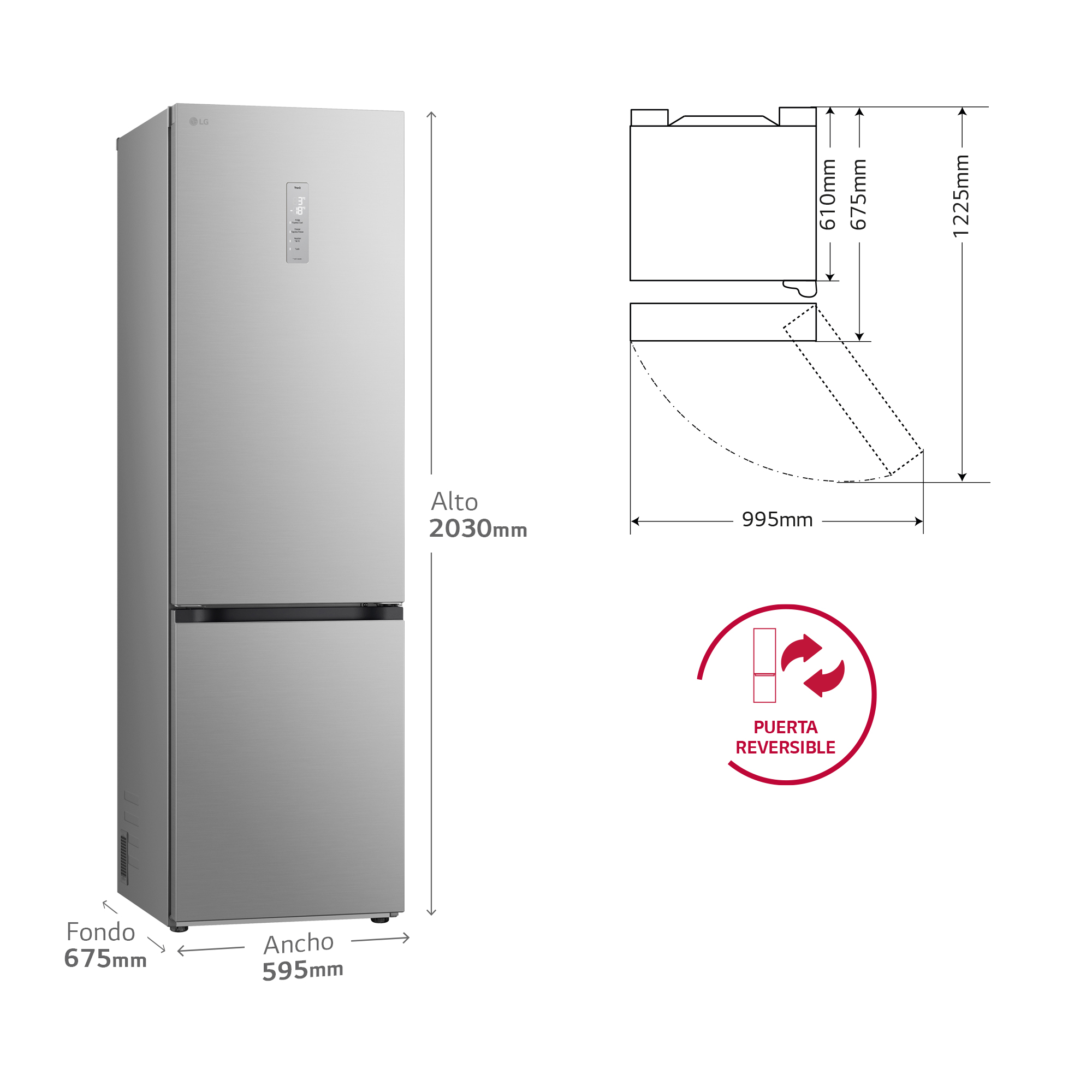 Refrigerador LG con dimensiones y diagrama de puerta reversible en español. Color plateado.