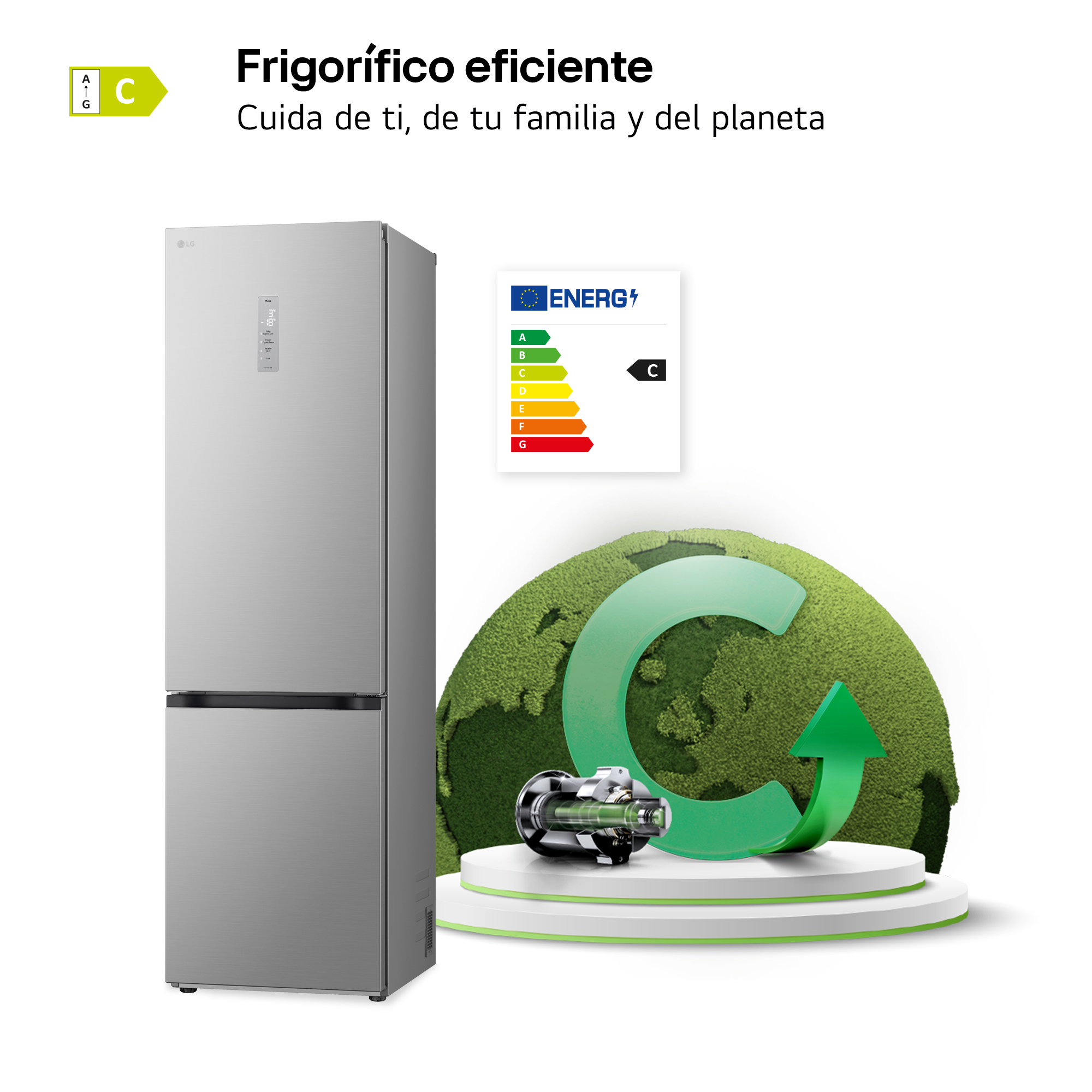 Nevera LG con etiqueta de eficiencia energética y gráfico del planeta verde.