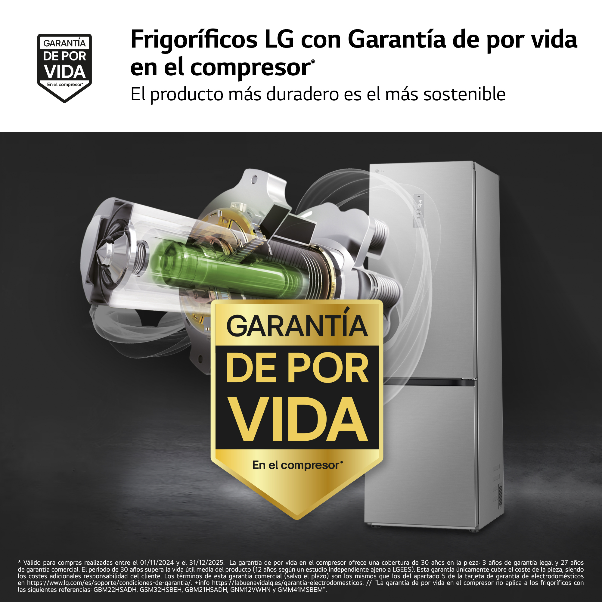 Refrigerador LG con garantía de por vida en el compresor. Acabado plateado, abierto, detalle del compresor. Texto: 'Garantía de por vida'.
