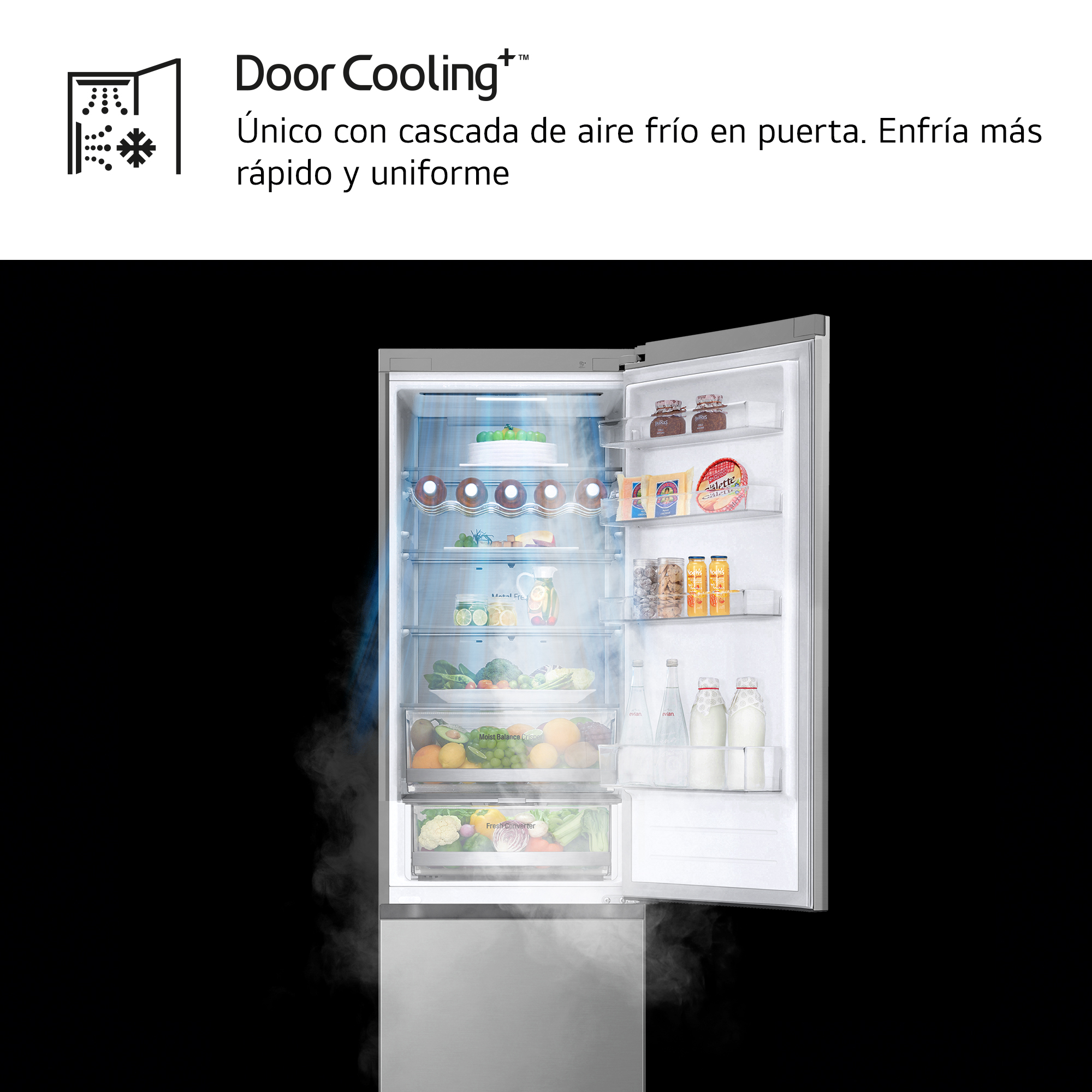Refrigerador LG con puerta abierta. Vista interior, estantes, contenido. Función Door Cooling+. Fondo negro.
