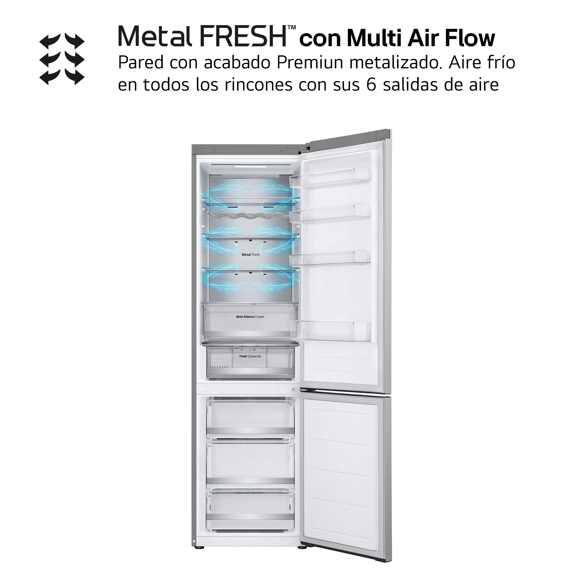 Refrigerador LG con puerta abierta. Vista interior, estantes, diseño Metal FRESH. 6 salidas de aire. Acabado gris.