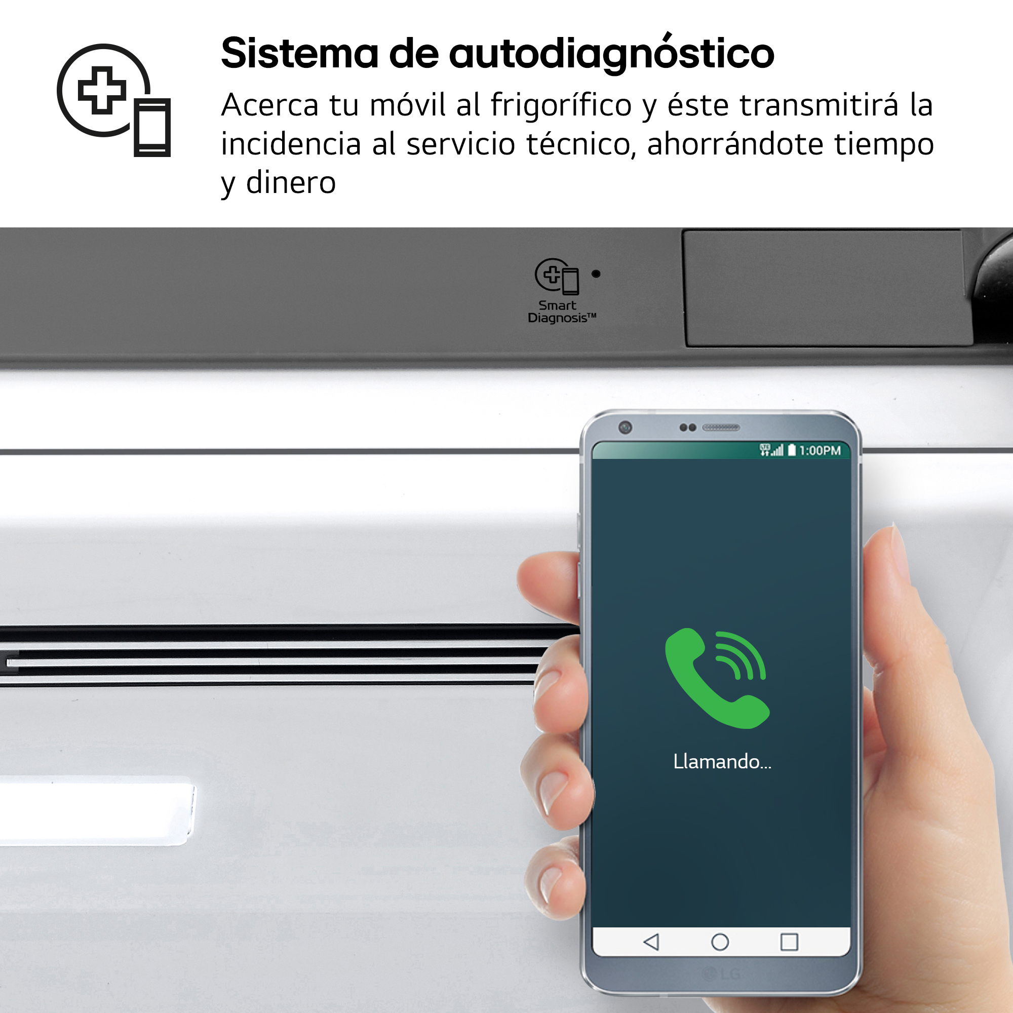Un smartphone muestra 'Llamando...' junto a un frigorífico con un logo de Smart Diagnosis.