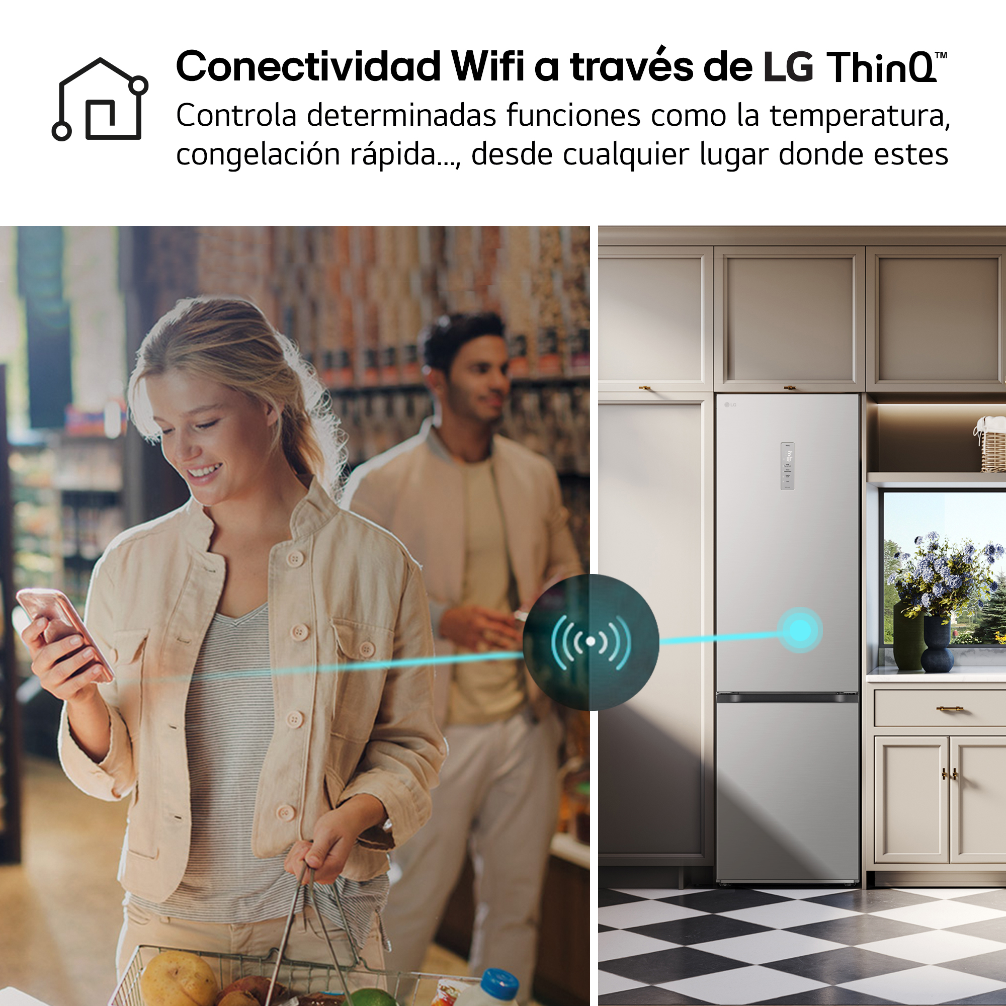 Mujer usando el teléfono, conectado al refrigerador. Hombre en el fondo en la tienda.