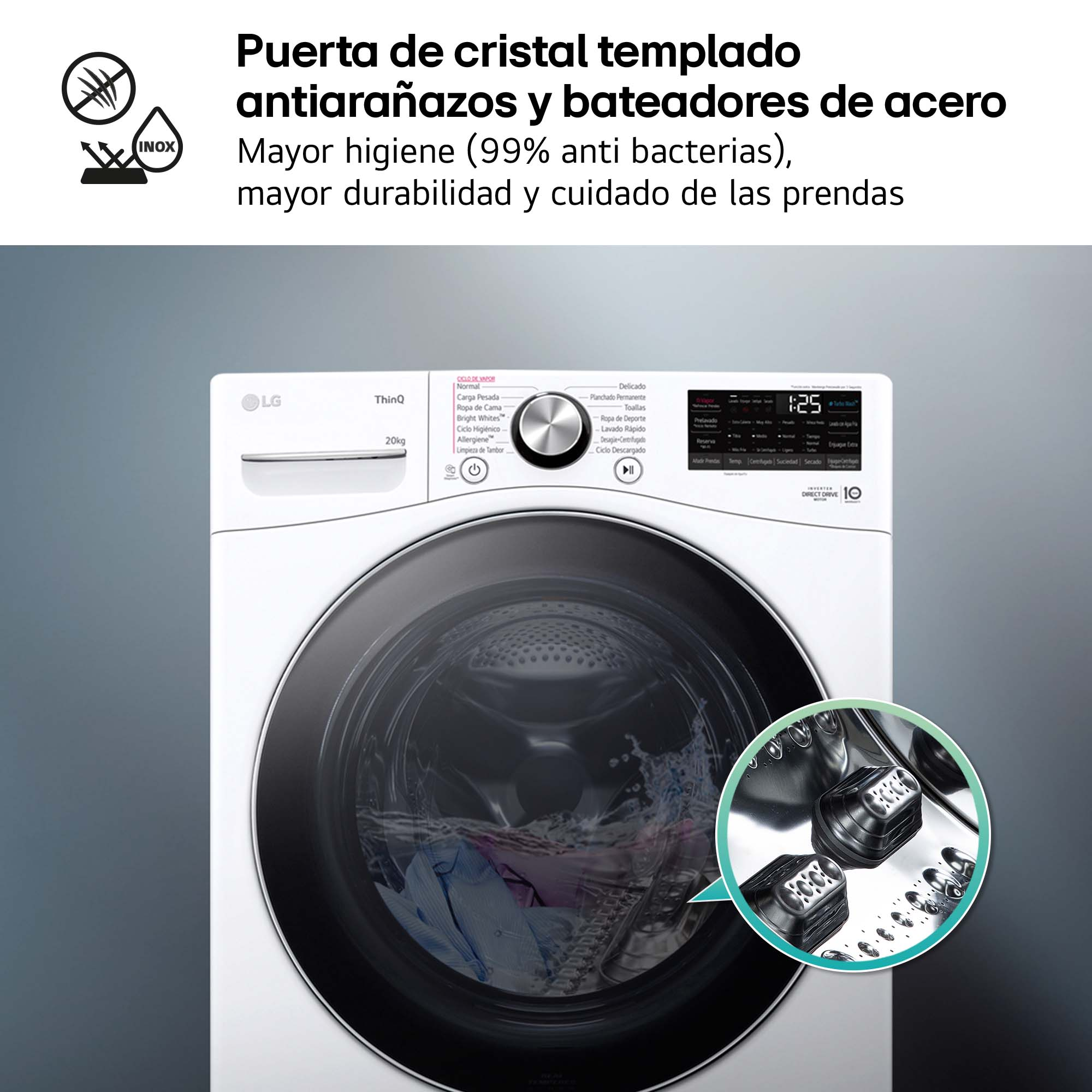 Lavadora LG blanca. Primer plano del interior de la máquina. Texto: Puerta de cristal templado.