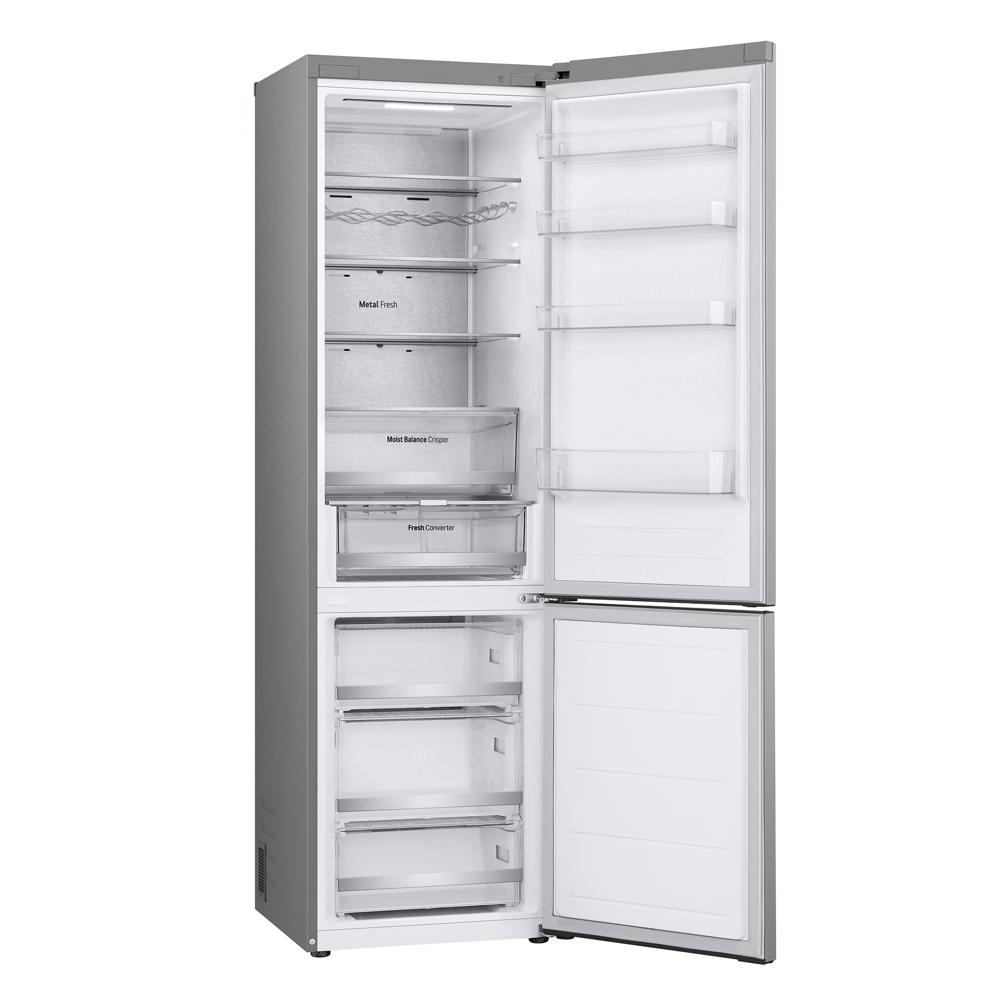 Refrigerador LG abierto. Vista interior: estantes Metal Fresh, cajones y contenido. Acabado gris.