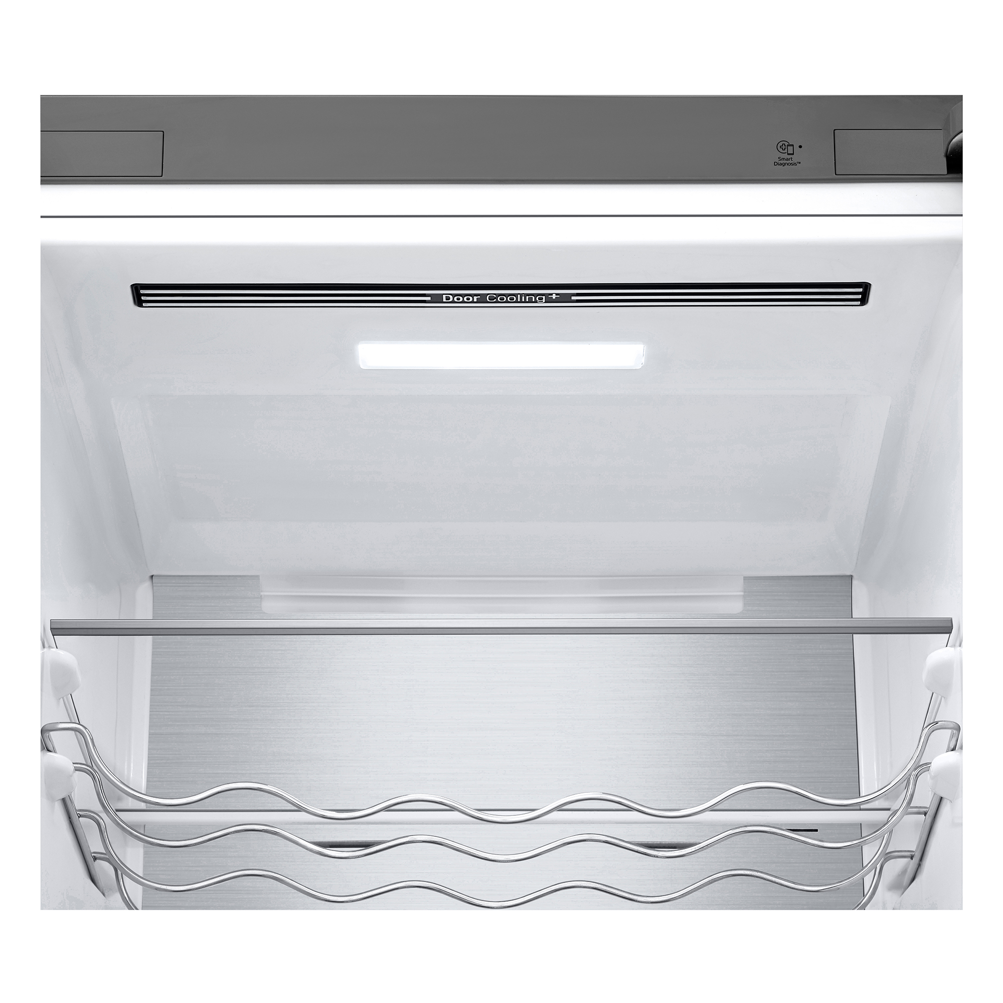 Interior del refrigerador LG. Estantería para vinos, estantes y luz. Función Door Cooling+. Interior brillante.