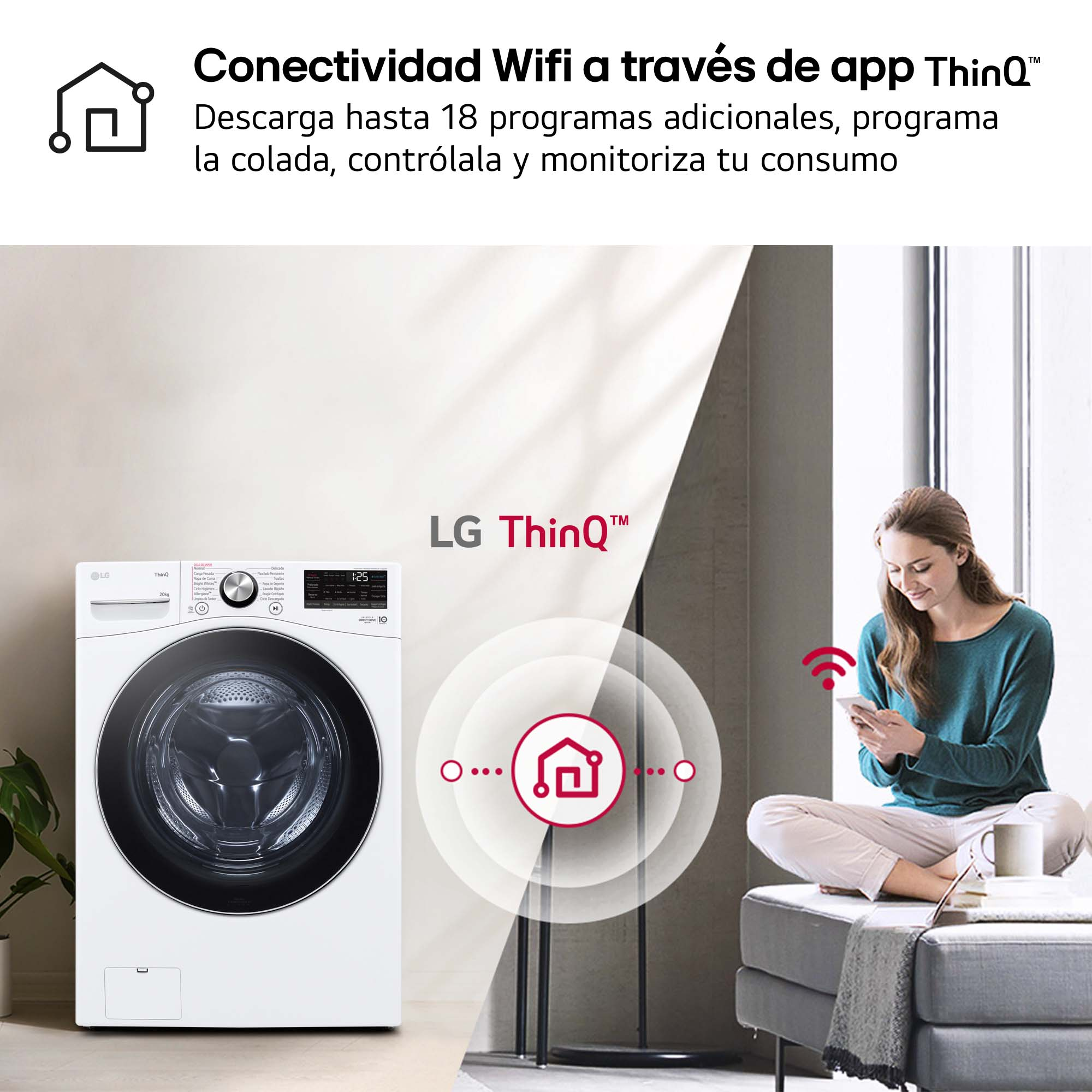 Mujer usando teléfono cerca de lavadora. Icono WiFi y texto mostrados.
