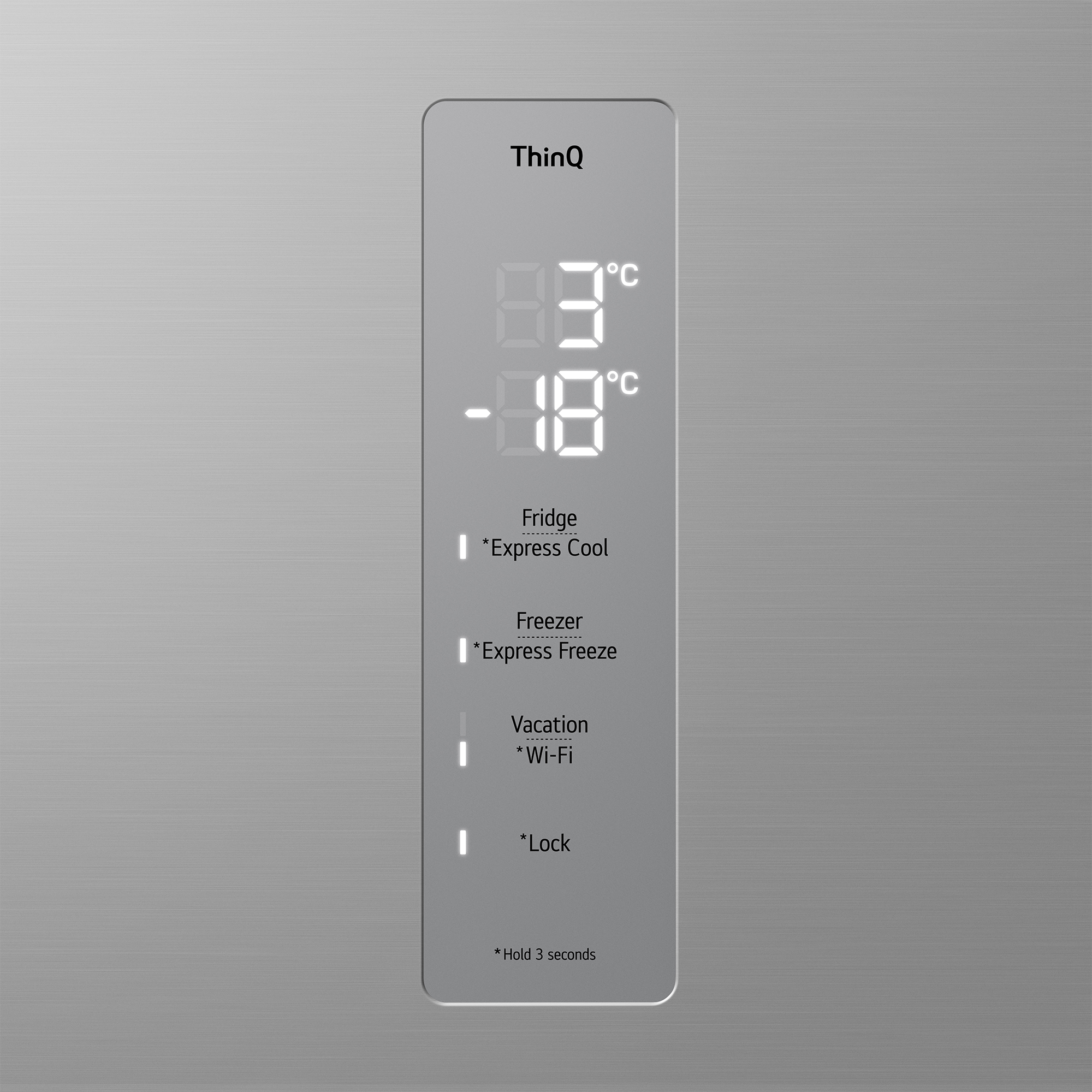 Una pantalla digital en un refrigerador muestra las temperaturas. La nevera está a 3°C, el congelador a -18°C.