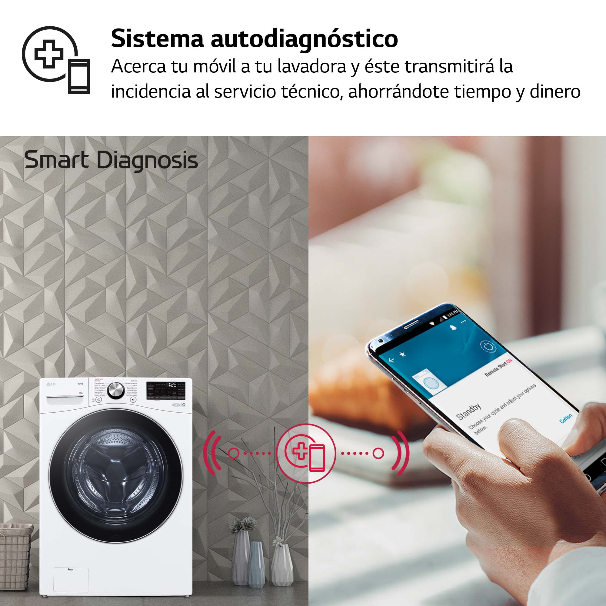Lavadora LG y teléfono conectados. Función Smart Diagnosis. Pared texturizada gris. Texto: 'Smart Diagnosis'.