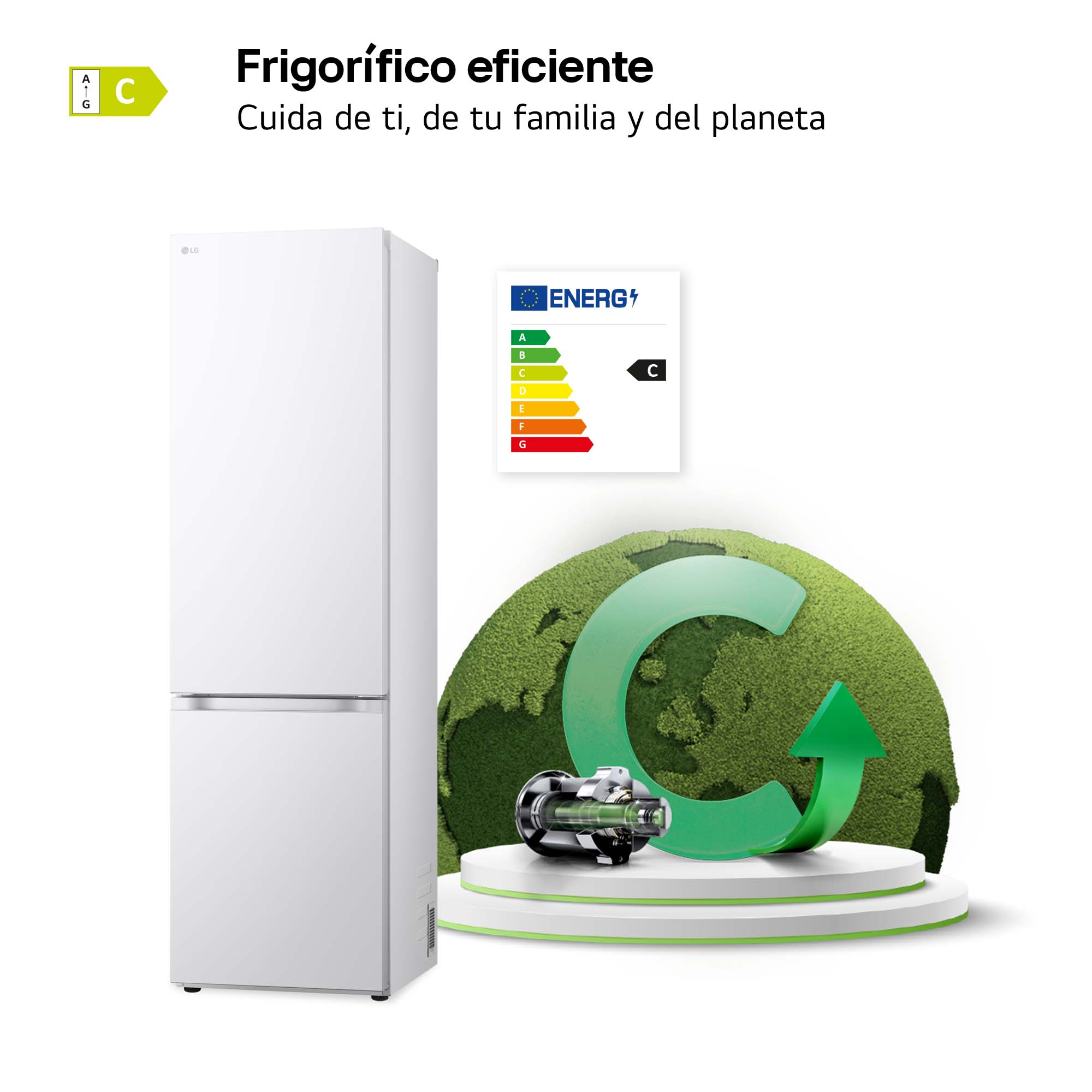 Refrigerador blanco con etiqueta energética y gráfico ambiental verde.