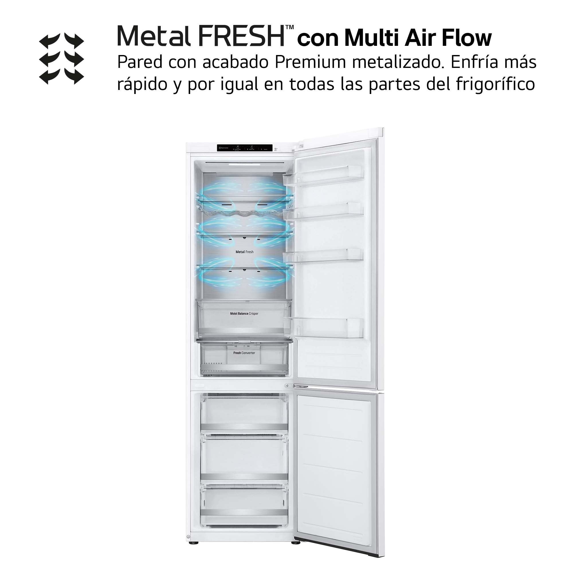 Un refrigerador con alimentos, que muestra el flujo de aire múltiple.