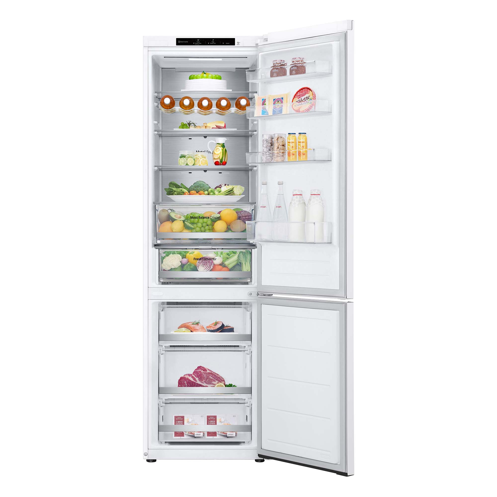 Vista completa de un refrigerador blanco con las puertas abiertas, revelando el interior.