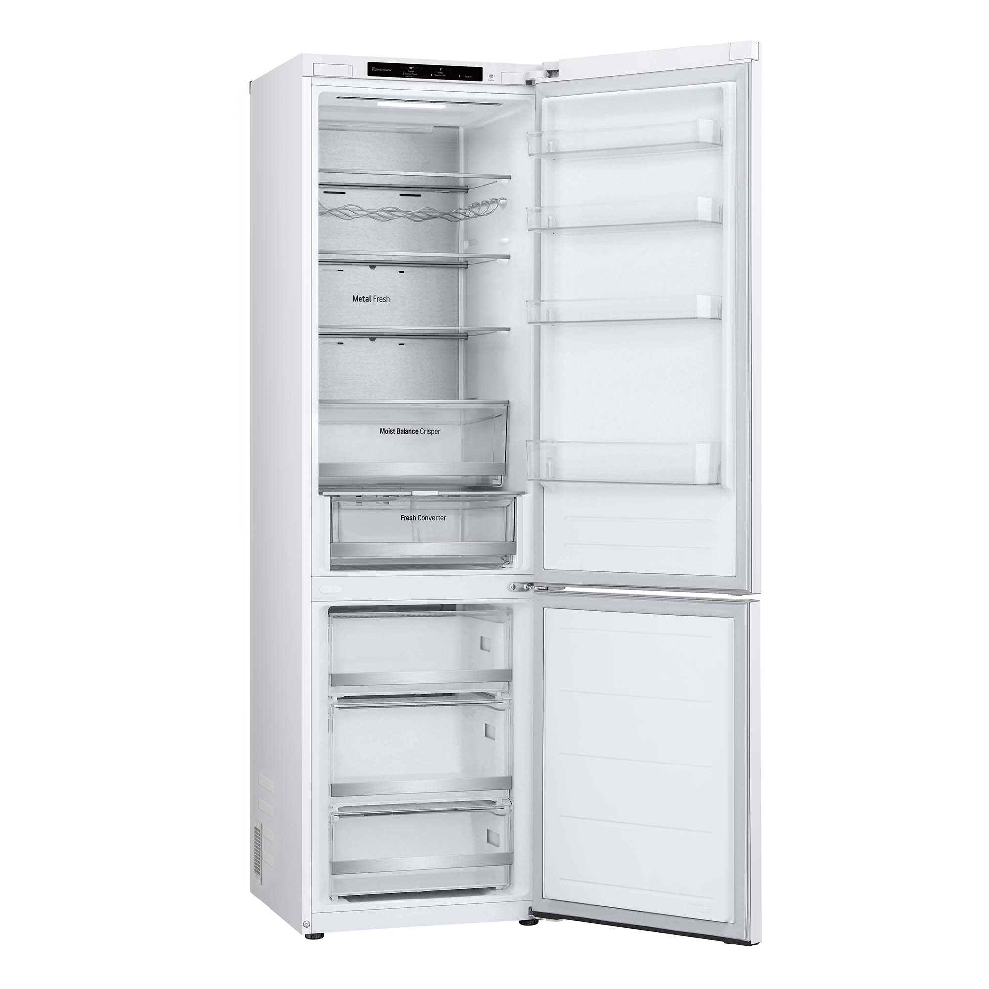 Interior de un refrigerador blanco con puertas abiertas. Estantes y cajones son visibles.