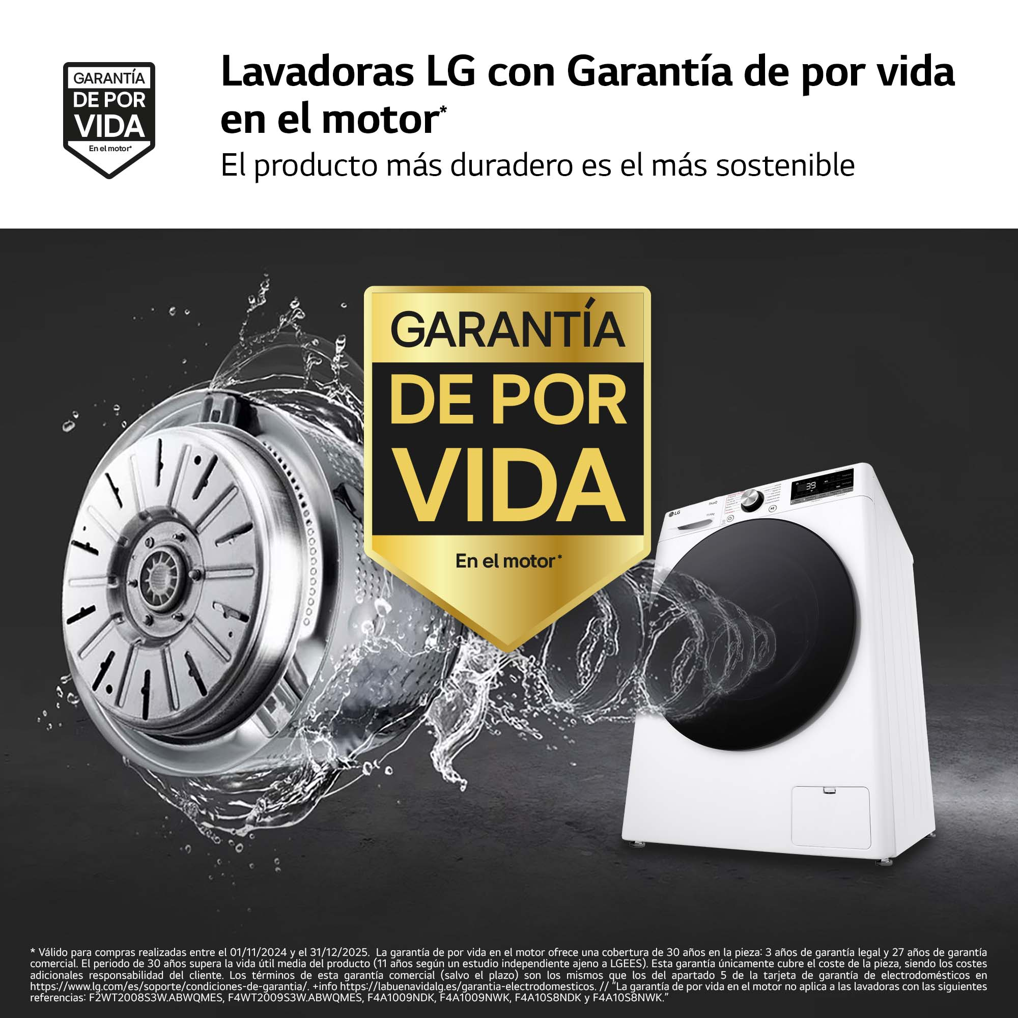 Lavadora LG con chorro de agua, destacando la durabilidad del motor.