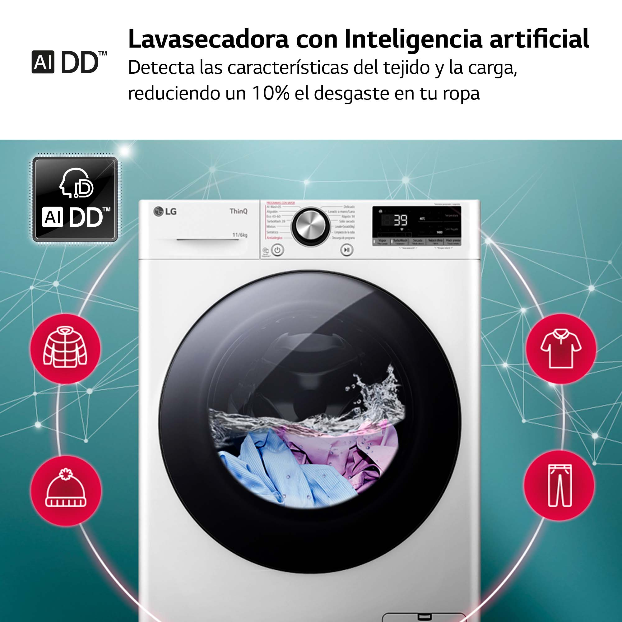 Lavadora LG blanca con AI DD y funciones como gorro y camisa.