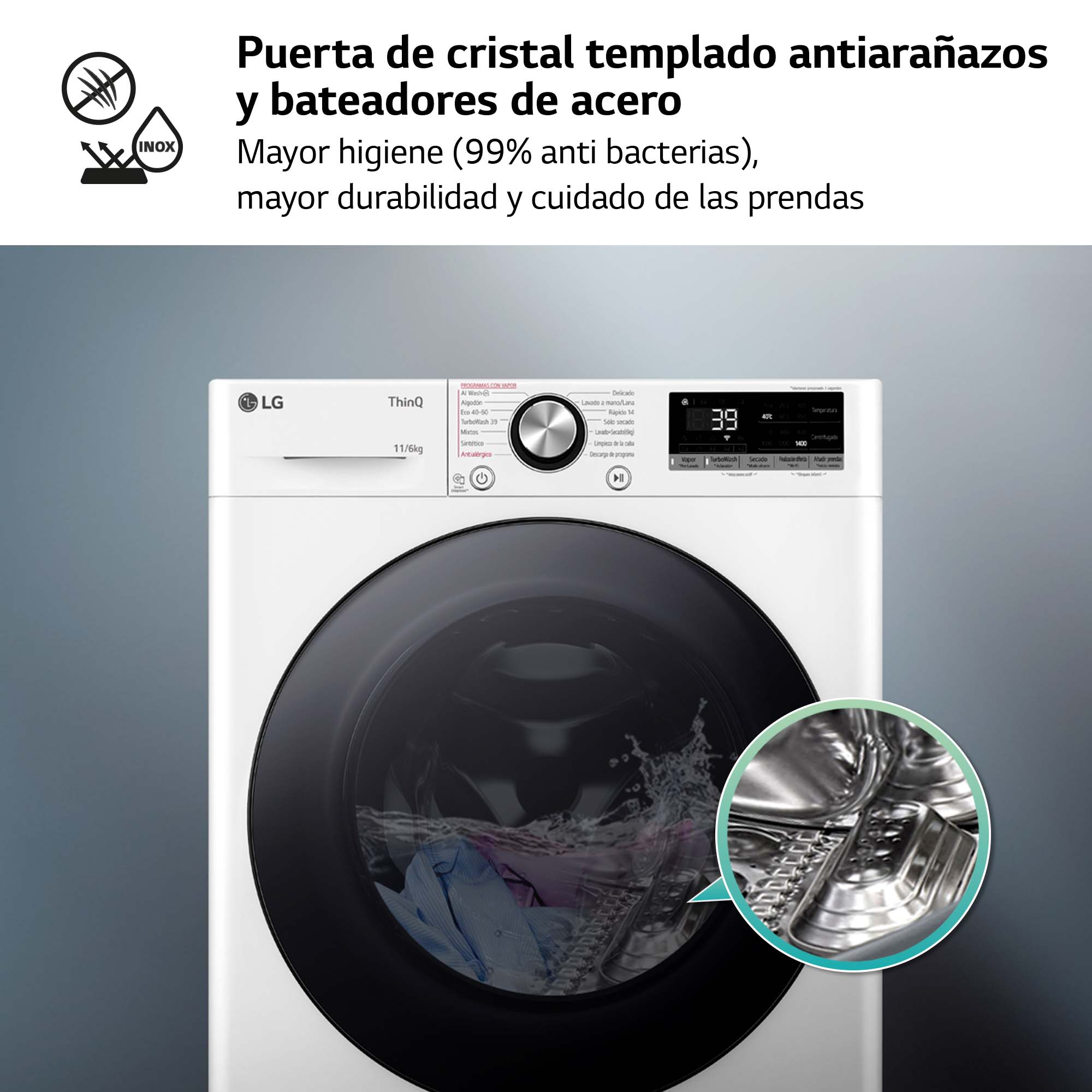 Interior de una lavadora, limpio y brillante.