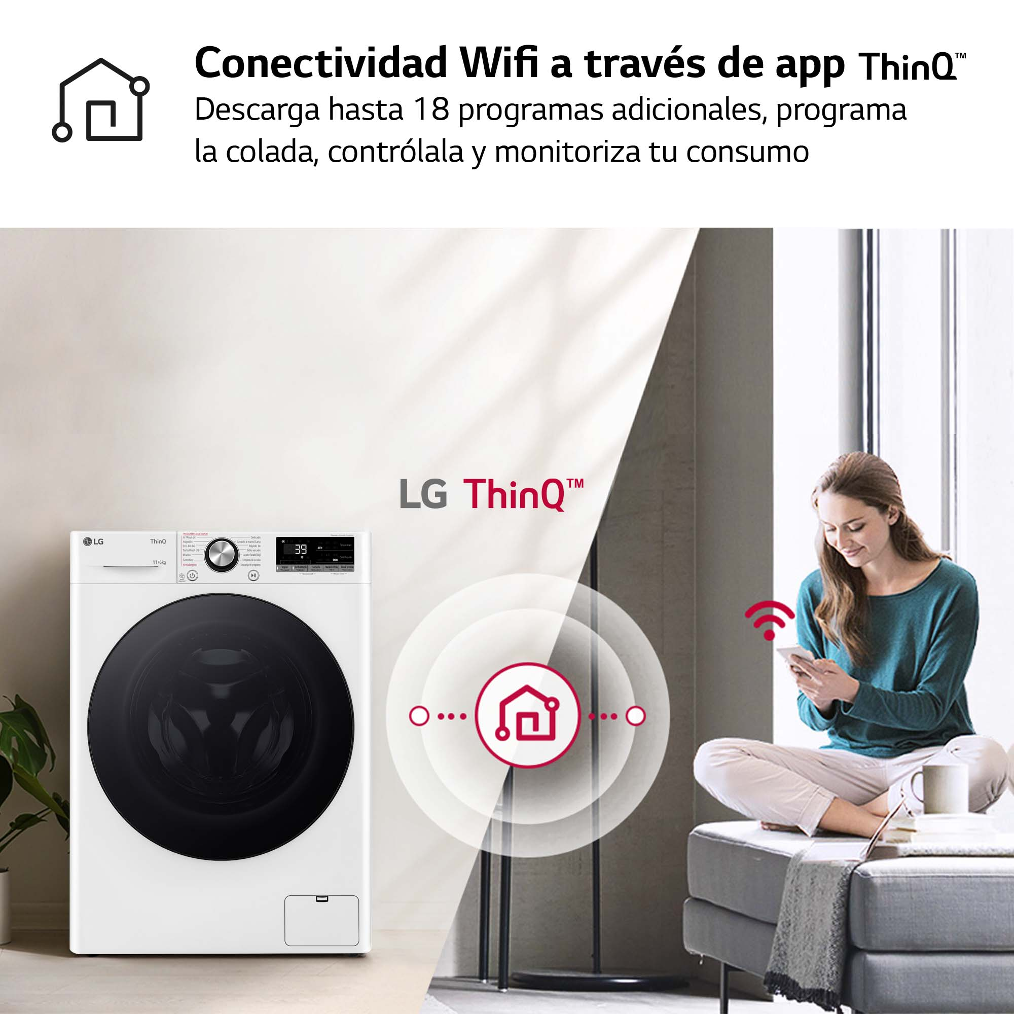 Una mujer se sienta y usa su teléfono para controlar una lavadora blanca LG.