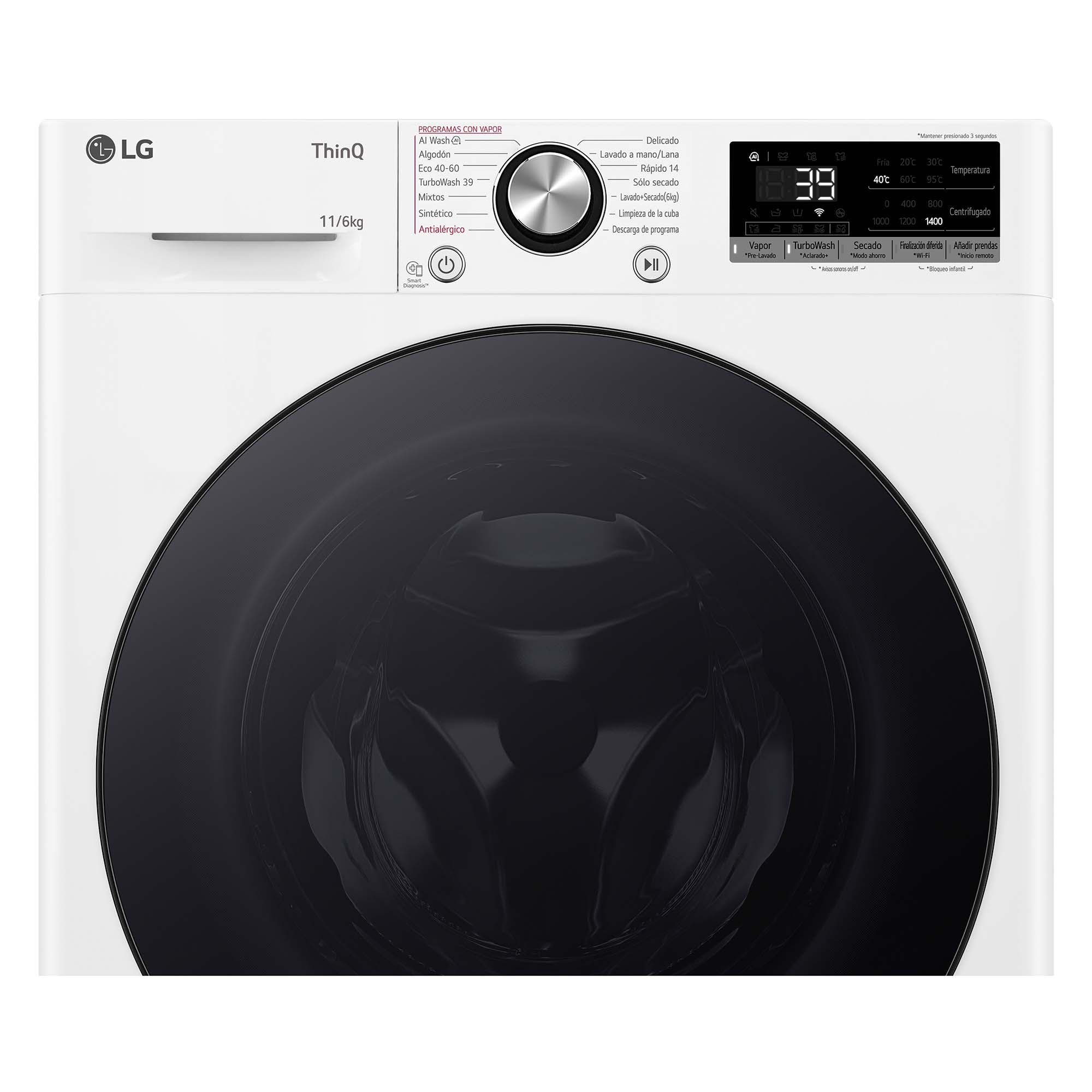 Una lavadora LG blanca con puerta y panel de control negros.