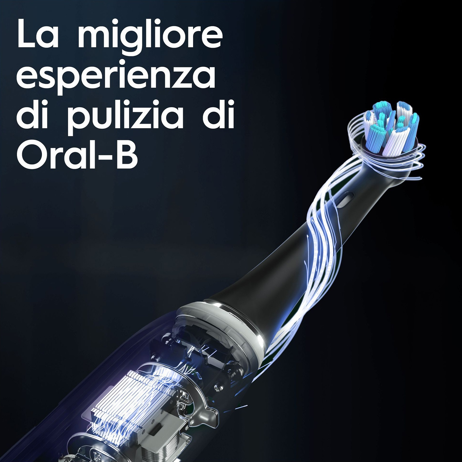 Primo piano della testina di uno spazzolino elettrico Oral-B, che mostra setole e componenti interni.