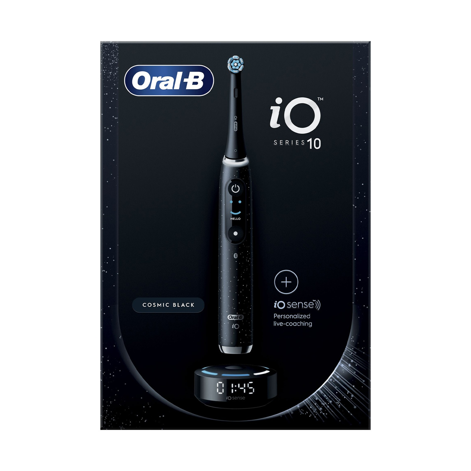 Scatola spazzolino elettrico Oral-B io Series 10. Spazzolino nero, stazione di ricarica.