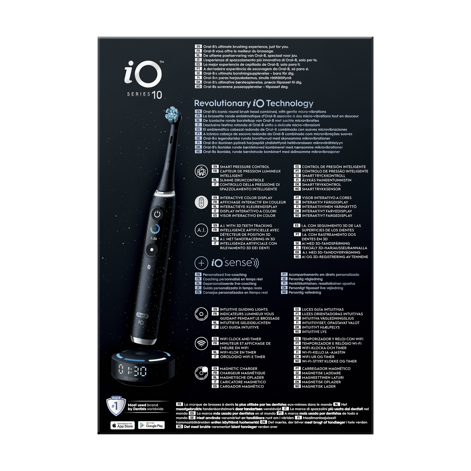 Scatola Oral-B iO Serie 10, con testo e display digitale. Lo sfondo è stellato.