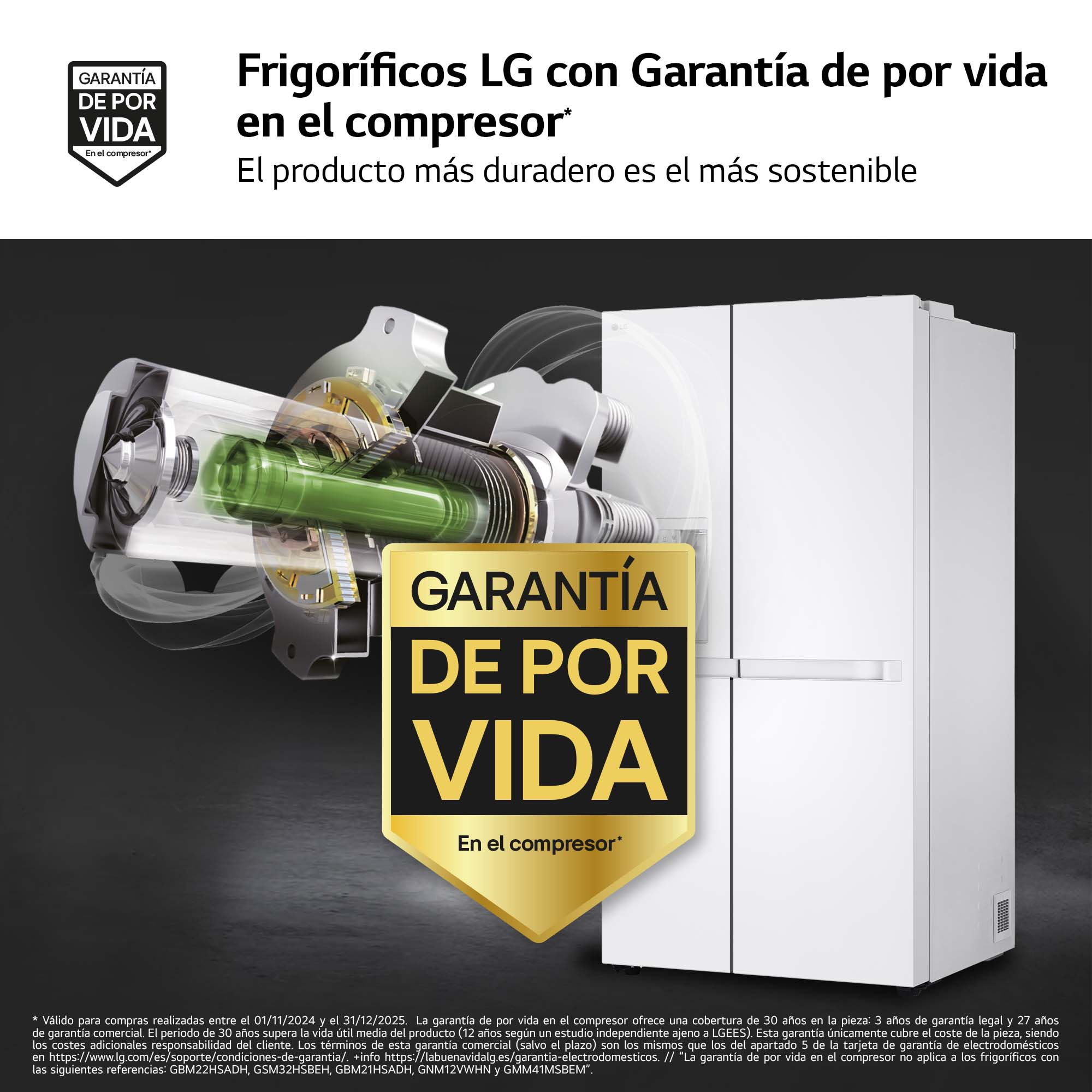 Corte transversal de refrigerador, mostrando el compresor. Texto: Garantía de por vida del compresor.