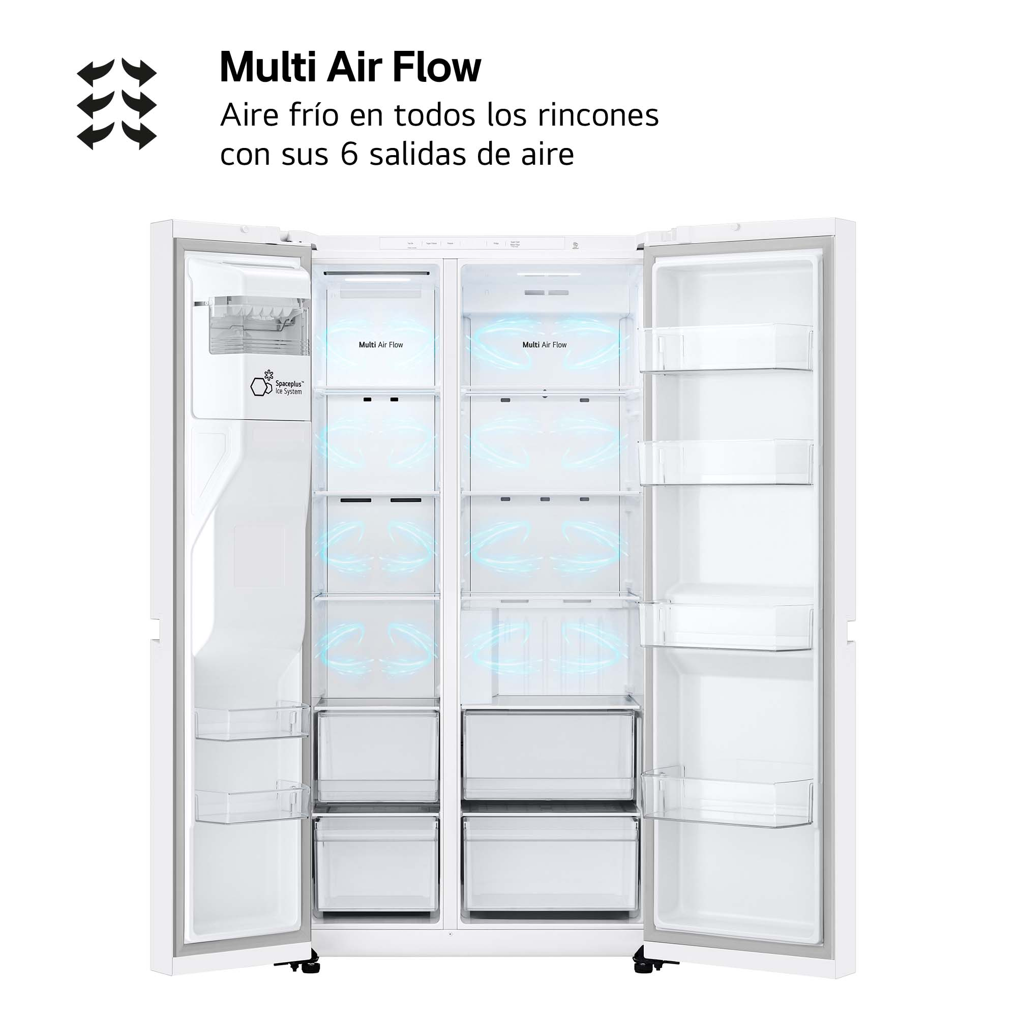 Frigorífico LG blanco abierto con estantes, cajones y una visualización del interior.