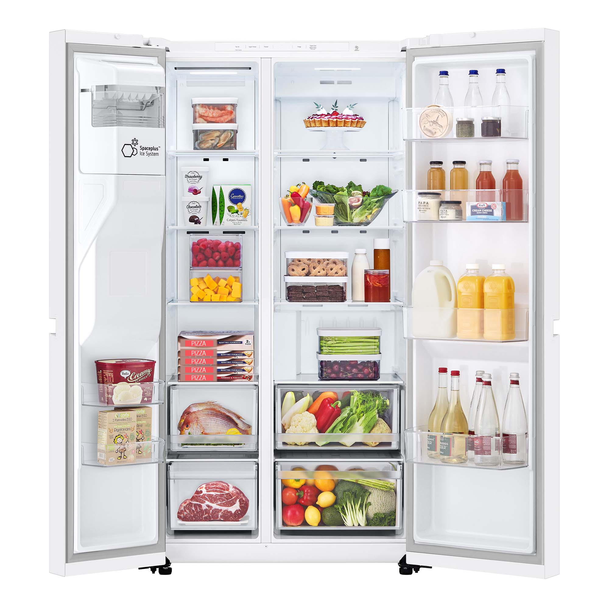 Un refrigerador blanco con puertas abiertas llenas de alimentos, mostrando una vista clara del interior.
