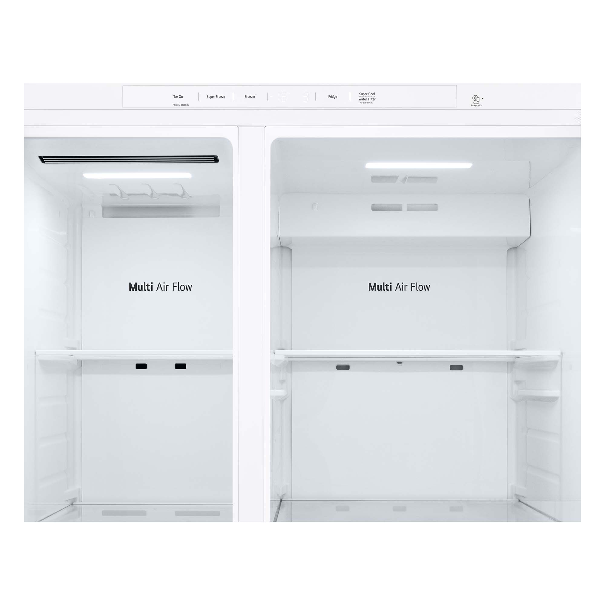 Un refrigerador abierto con estantes y luces en el interior. La palabra Multi Air Flow está escrita.