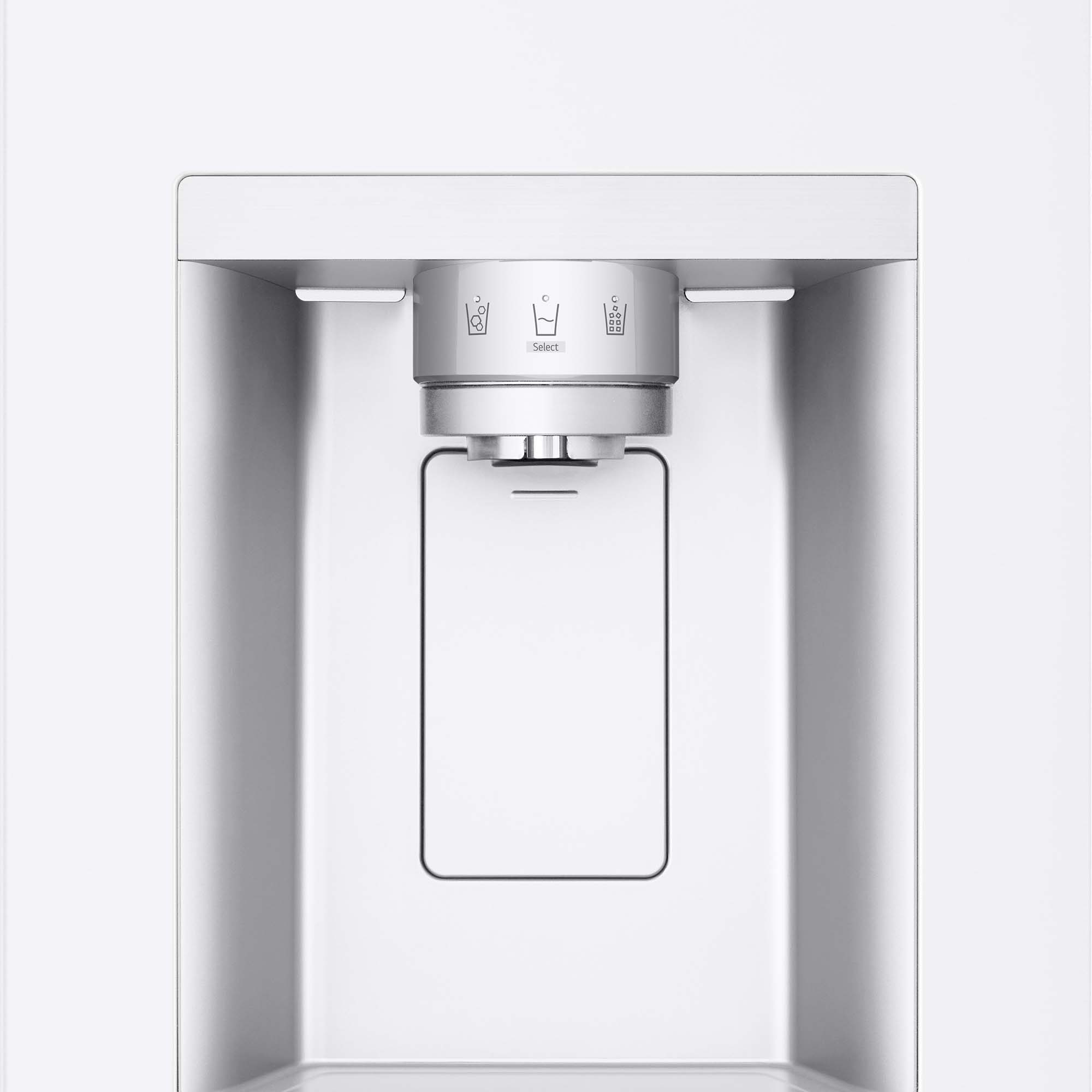 Primer plano del dispensador de agua y hielo de un refrigerador blanco.