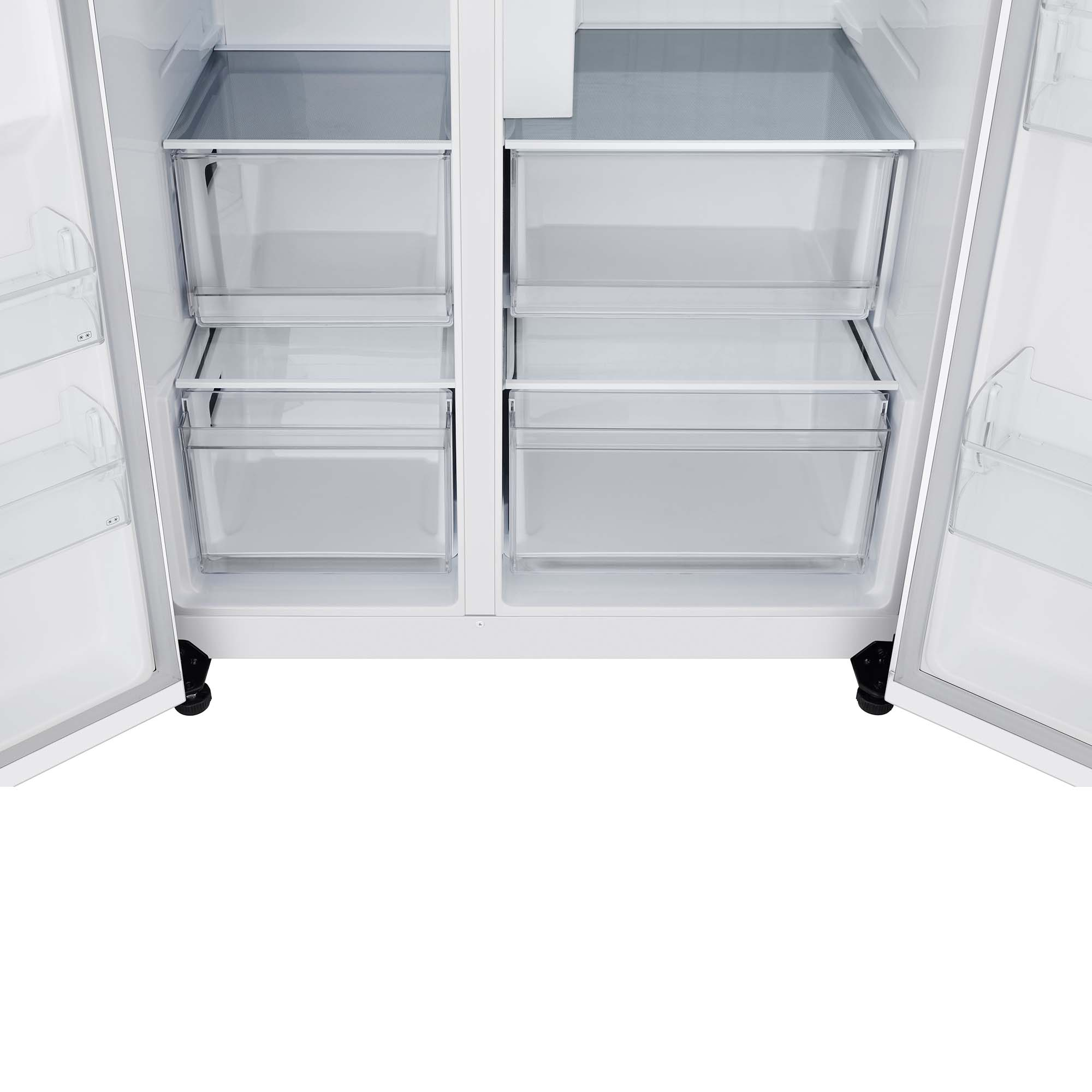 Refrigerador abierto, mostrando cajones. Es blanco. Los cajones son transparentes y tienen bordes blancos.