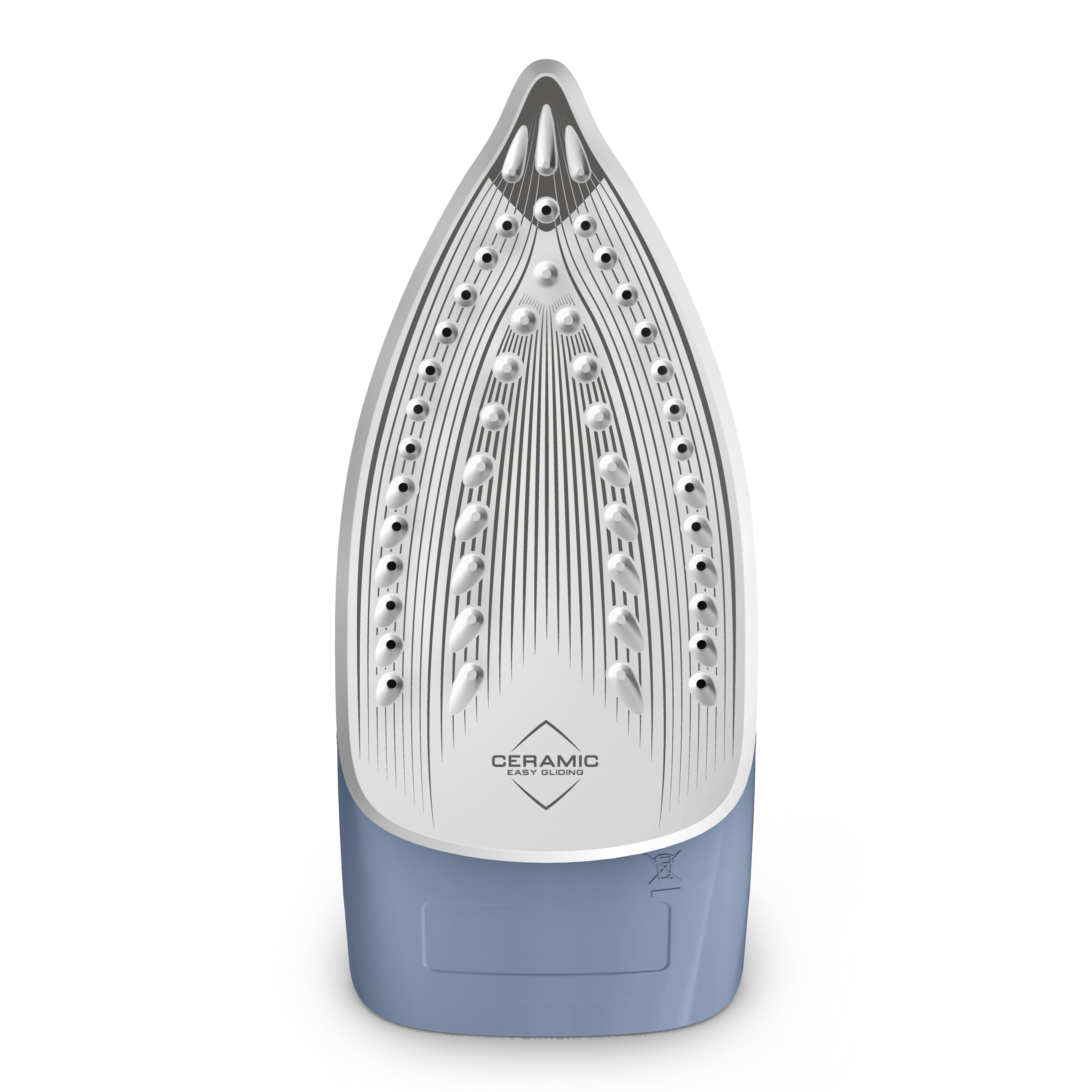 Nahaufnahme eines weißen und blauen Bügeleisens, Sohle nach oben. Text Ceramic Easy Clean sichtbar.