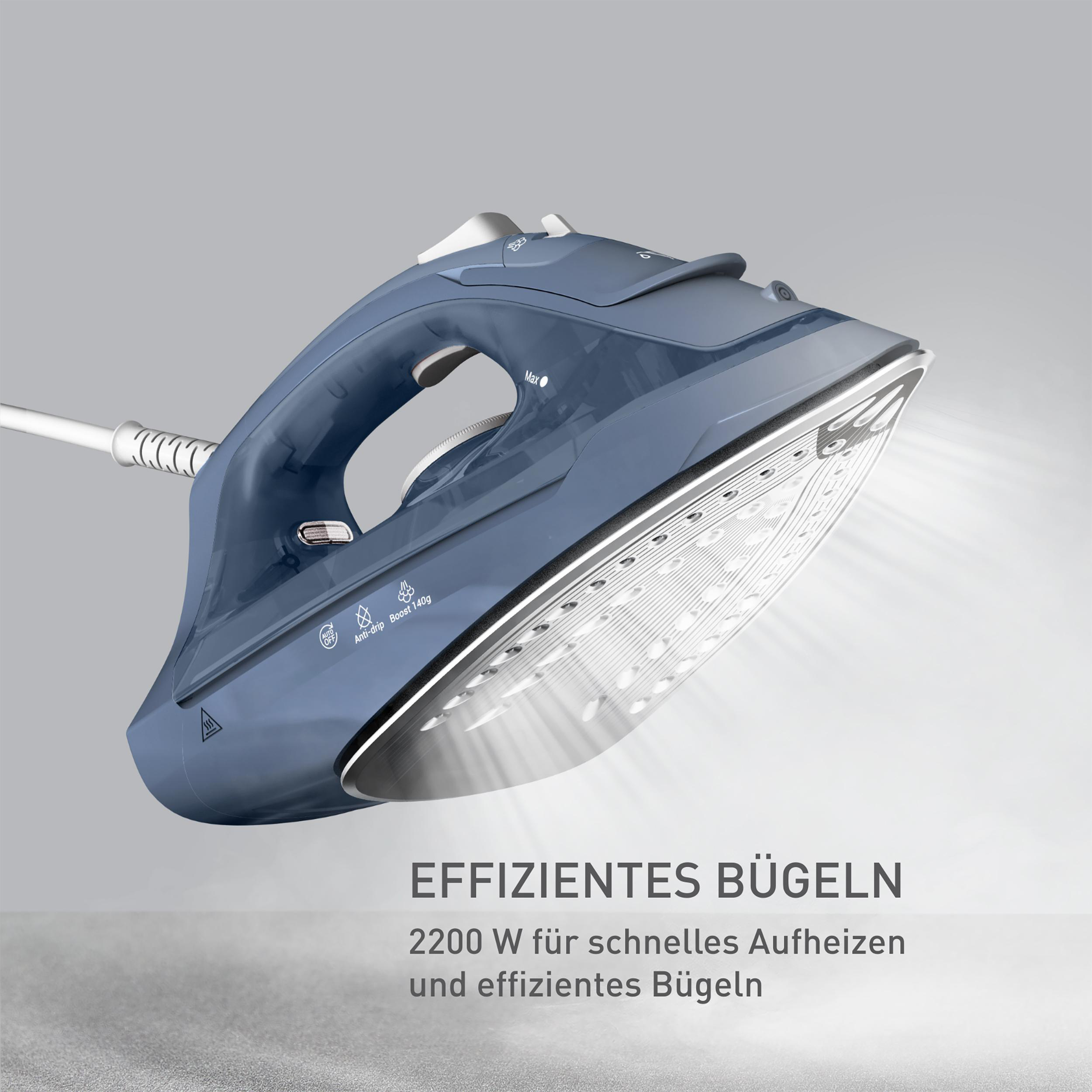 Ein blaues Bügeleisen mit Dampf. Der Text 'EFFIZIENTES BÜGELN' ist geschrieben.