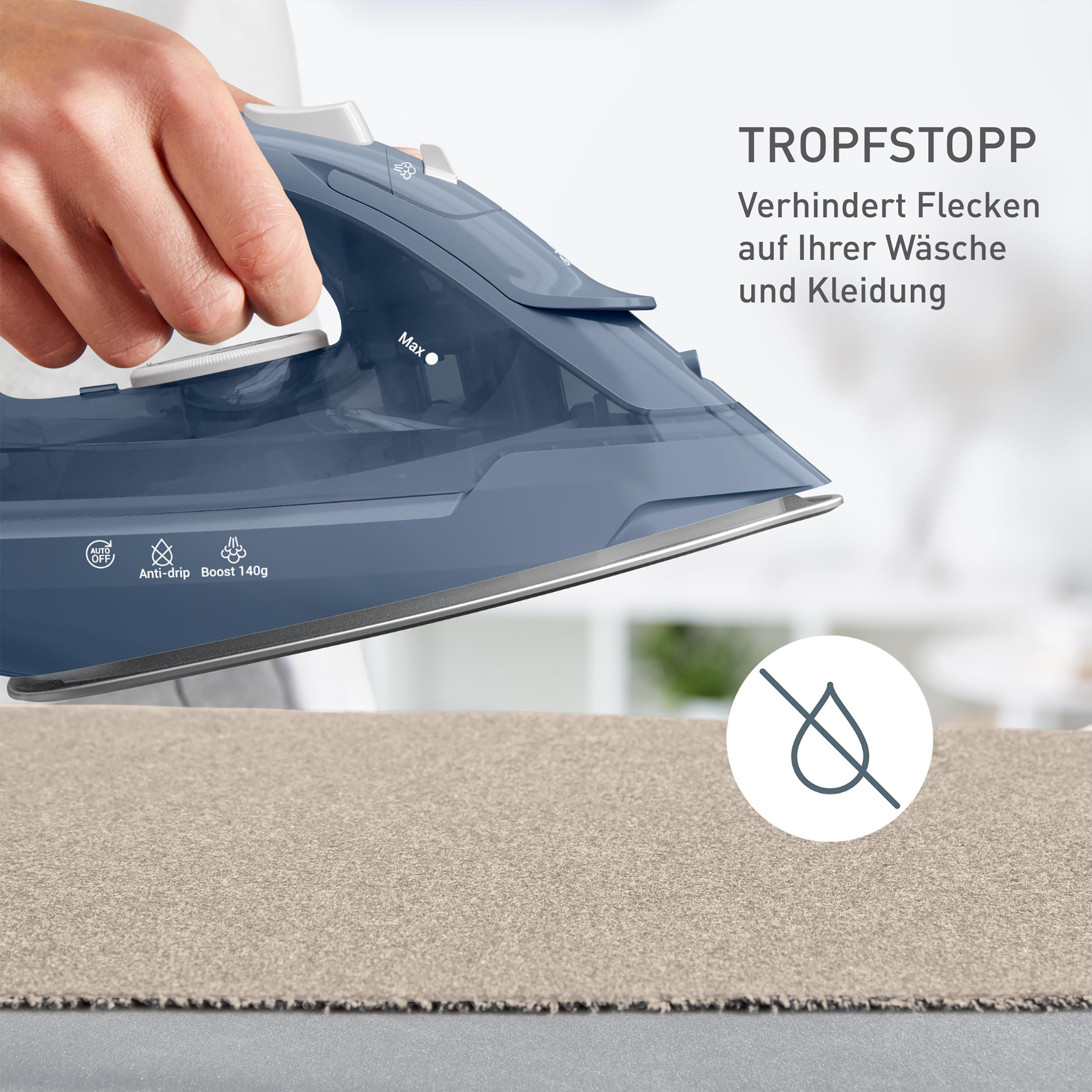 Eine Hand, die ein blaues Bügeleisen mit Dampf hält. Der Text 'TROPFSTOPP' ist geschrieben.