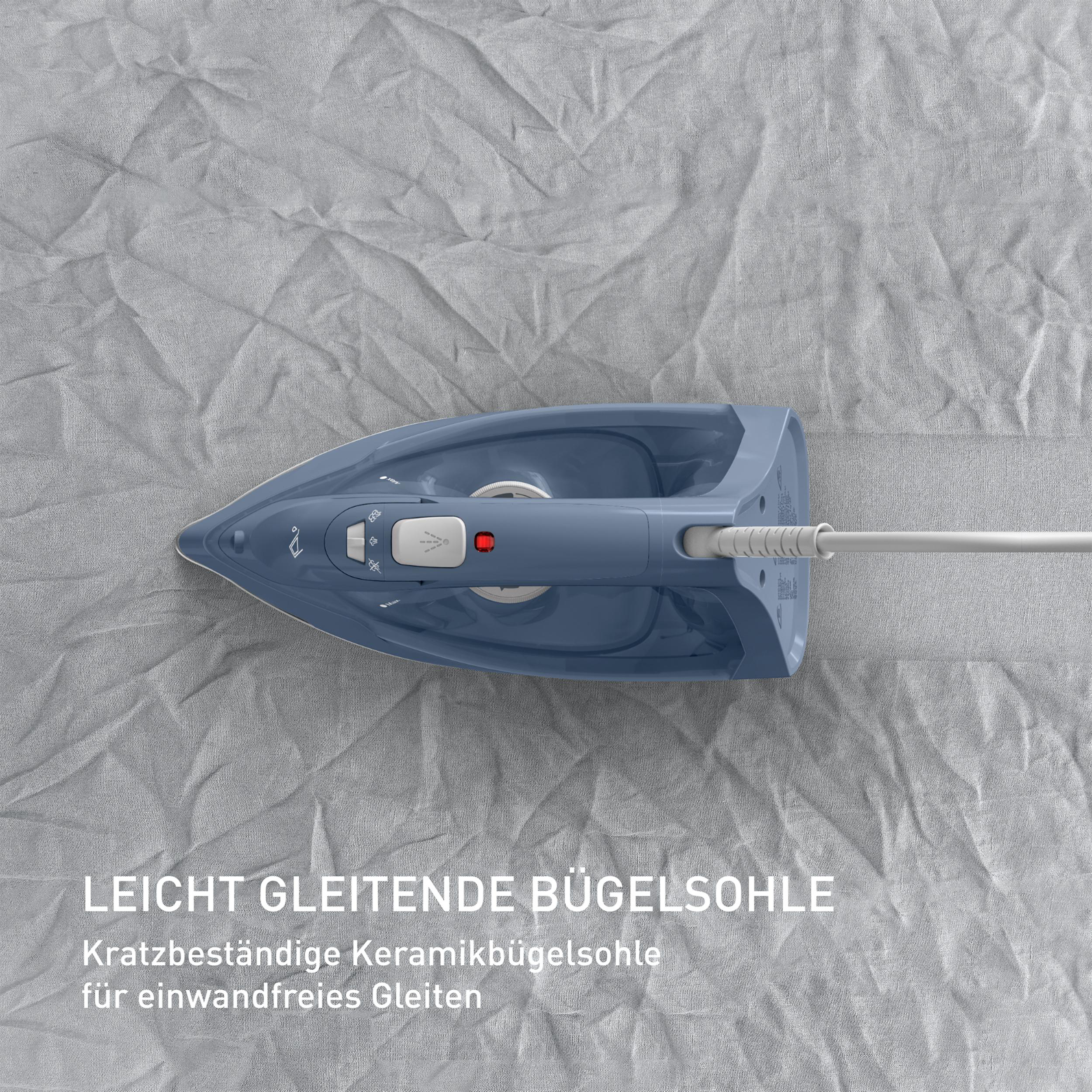 Ein blaues Bügeleisen von oben. Der Text 'LEICHT GLEITENDE BÜGELSOHLE' ist geschrieben.