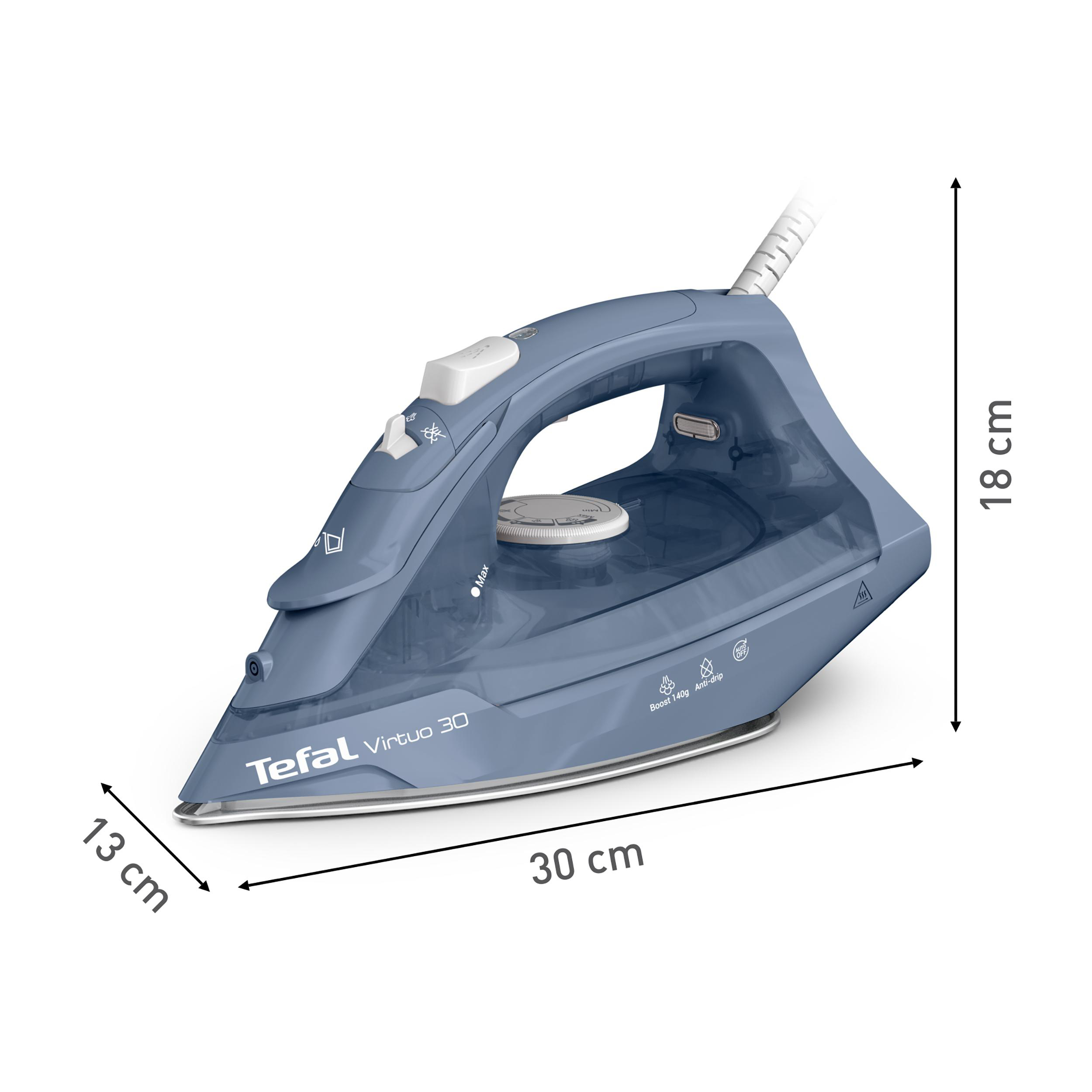 Ein blaues Bügeleisen mit den Maßen: 30 cm lang, 13 cm breit und 18 cm hoch. Markenname ist Tefal Virtuo 30.