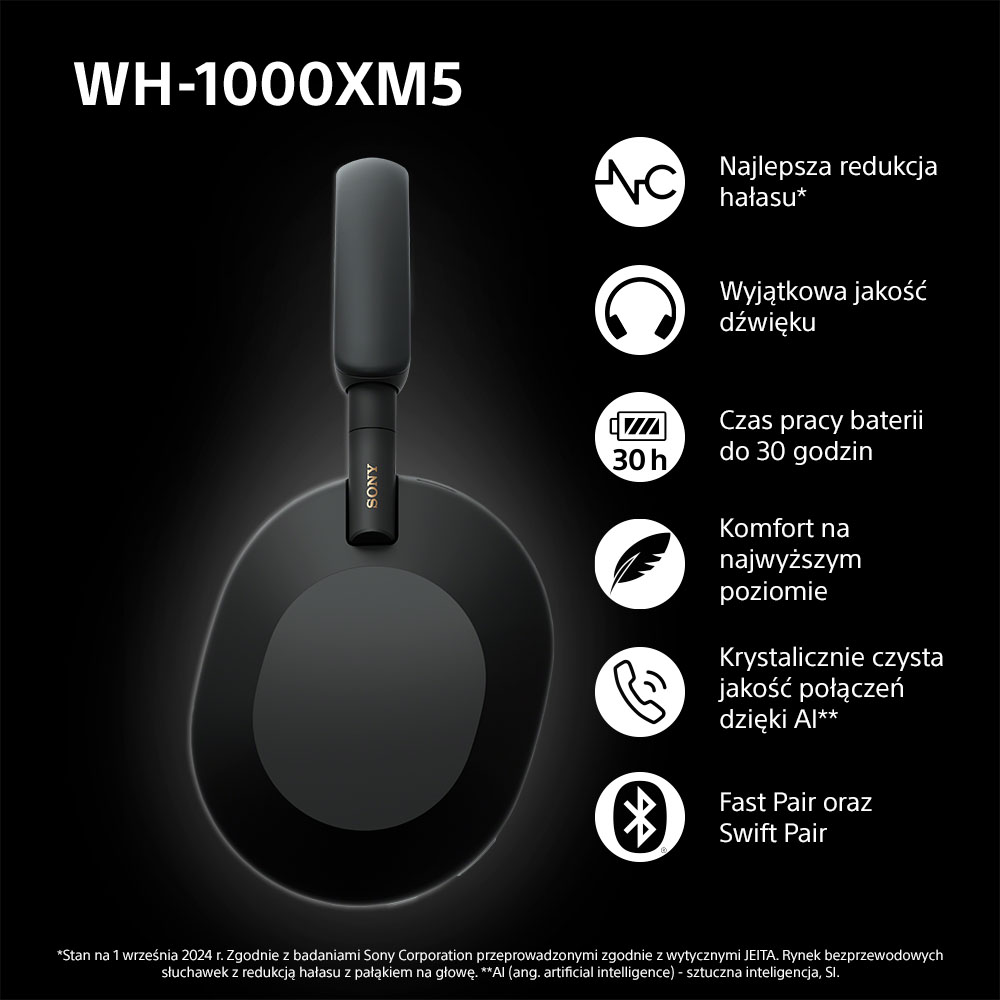 Słuchawki bezprzewodowe SONY WH-1000XM5 ANC Czarny | MediaMarkt