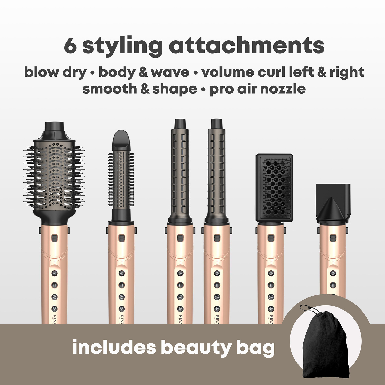 6 styling attachments with text describing their use. Includes beauty bag. Rose-gold colored tool.